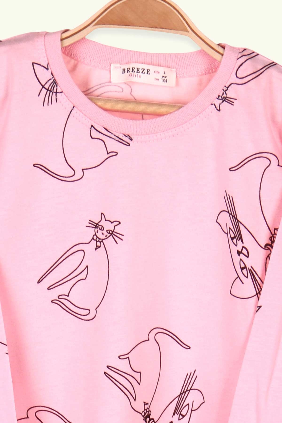 Breeze Kız Çocuk Pijama Takımı Kedi Desenli Pudra (2-6 Yaş)