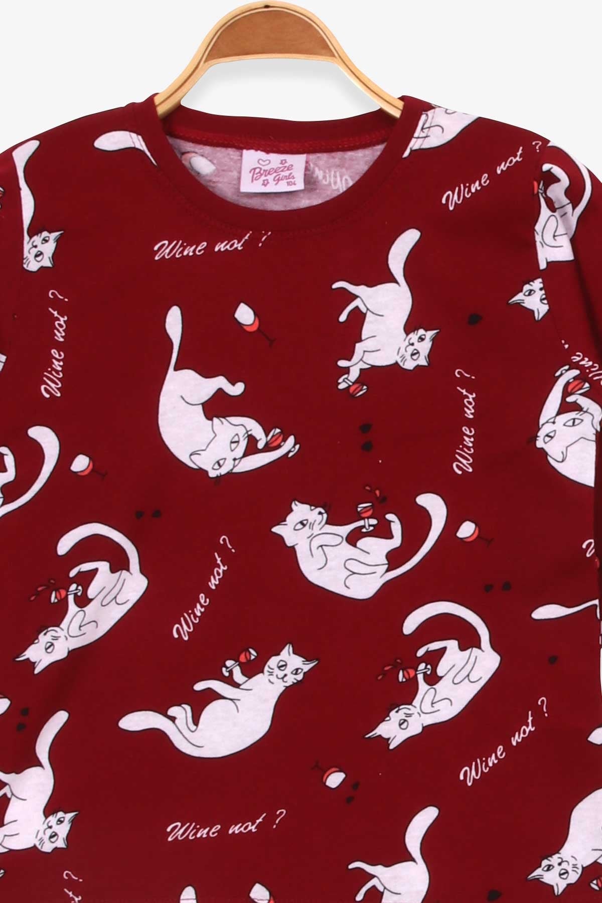 Breeze Kız Çocuk Pijama Takımı Kedicik Desenli Vişne Çürüğü (4-8 Yaş)
