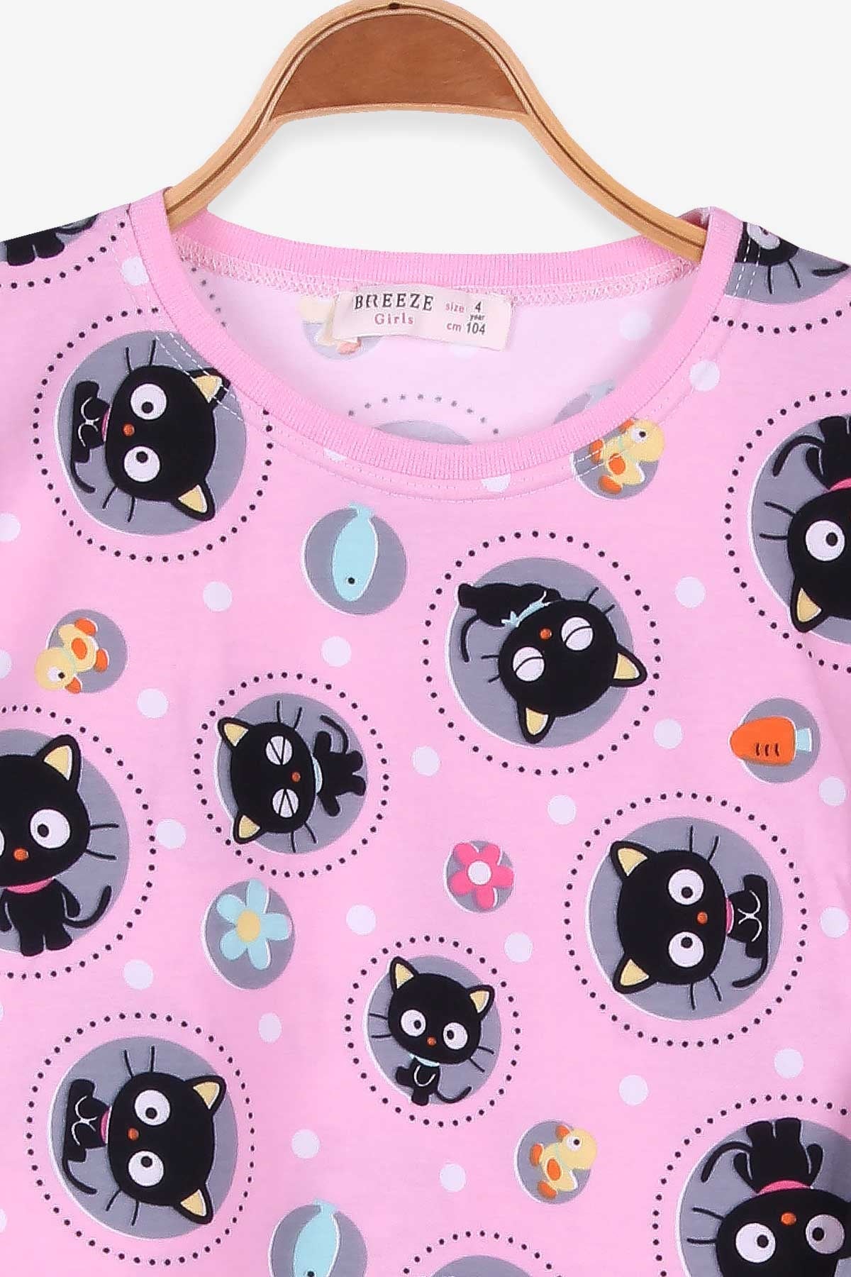 Breeze Kız Çocuk Pijama Takımı Kedili Pudra (4-8 Yaş)