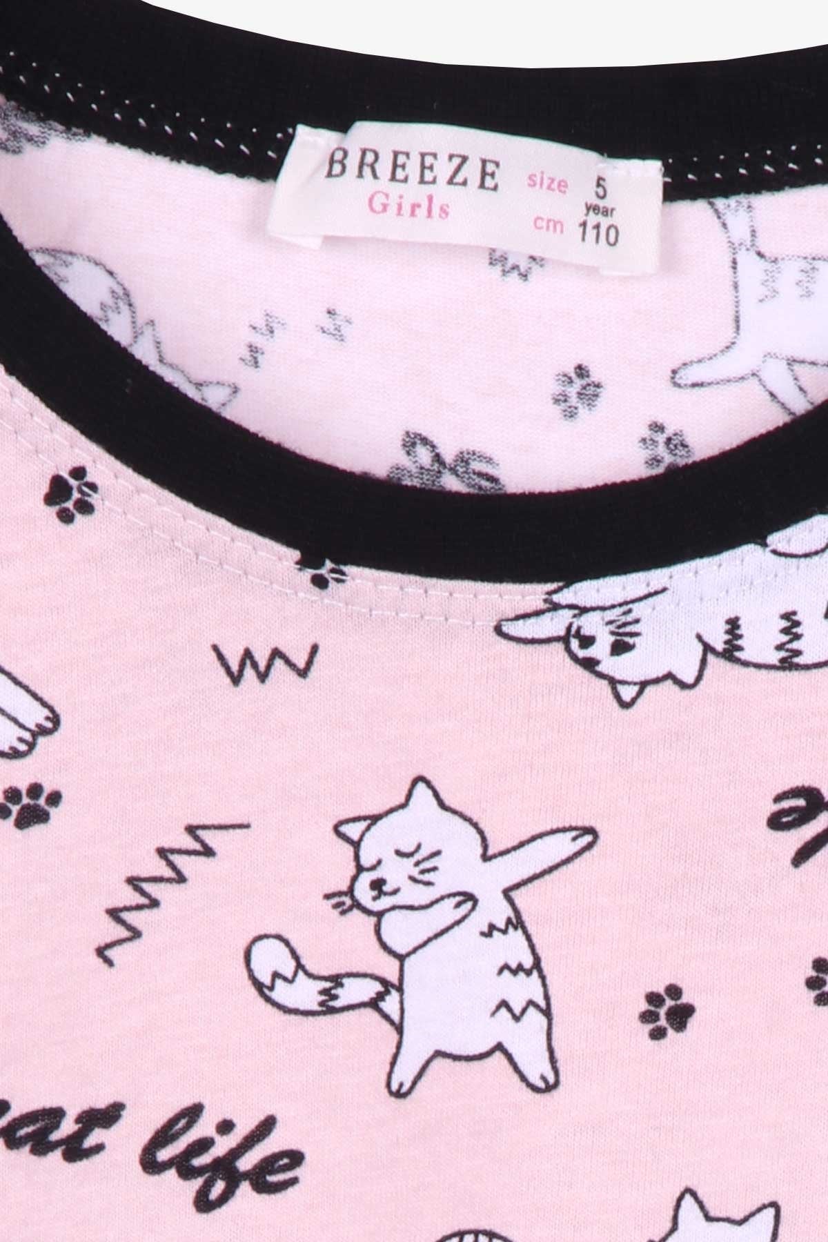 Breeze Kız Çocuk Pijama Takımı Kedili Somon (5-8 Yaş)