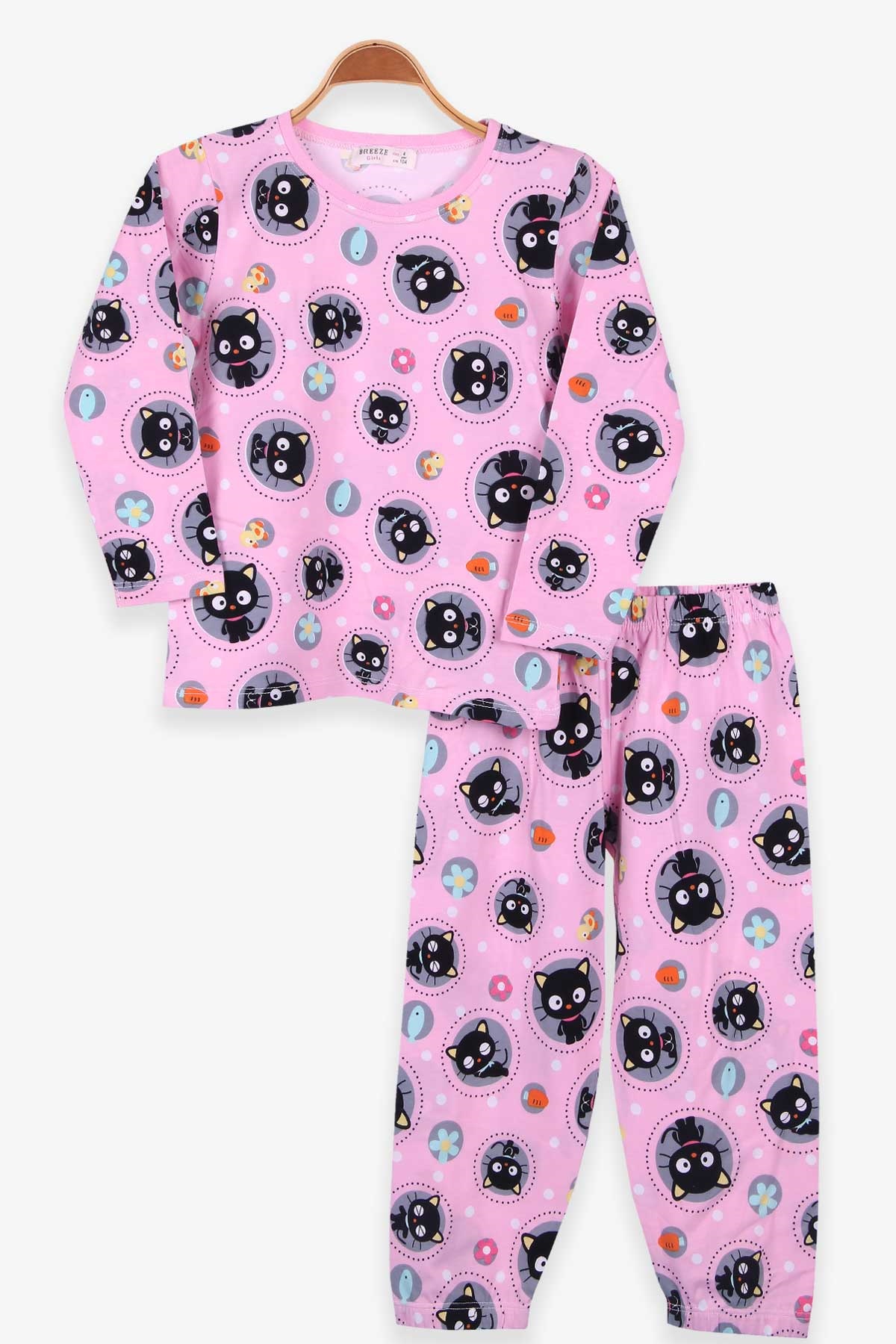 Breeze Kız Çocuk Pijama Takımı Kedili Pudra (4-8 Yaş)