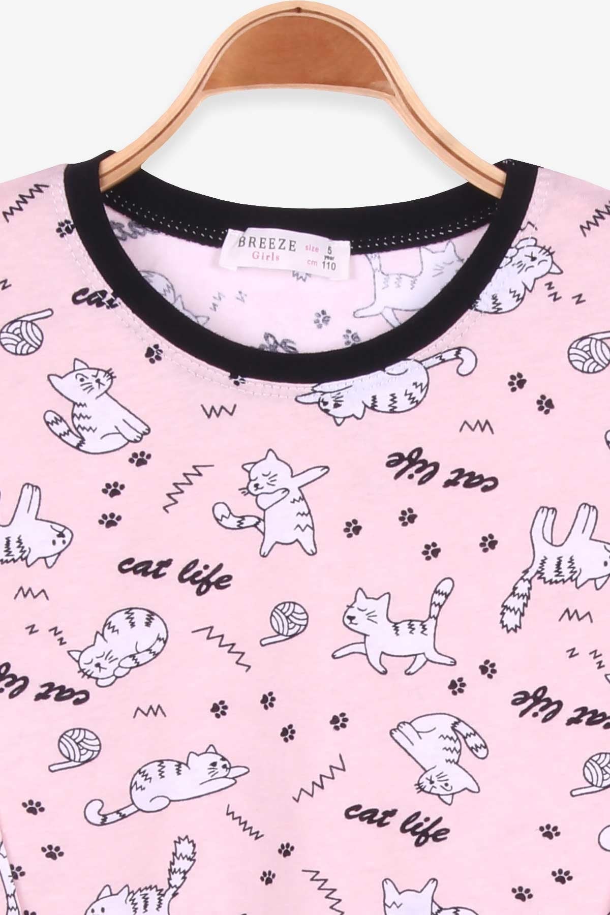 Breeze Kız Çocuk Pijama Takımı Kedili Somon (5-8 Yaş)