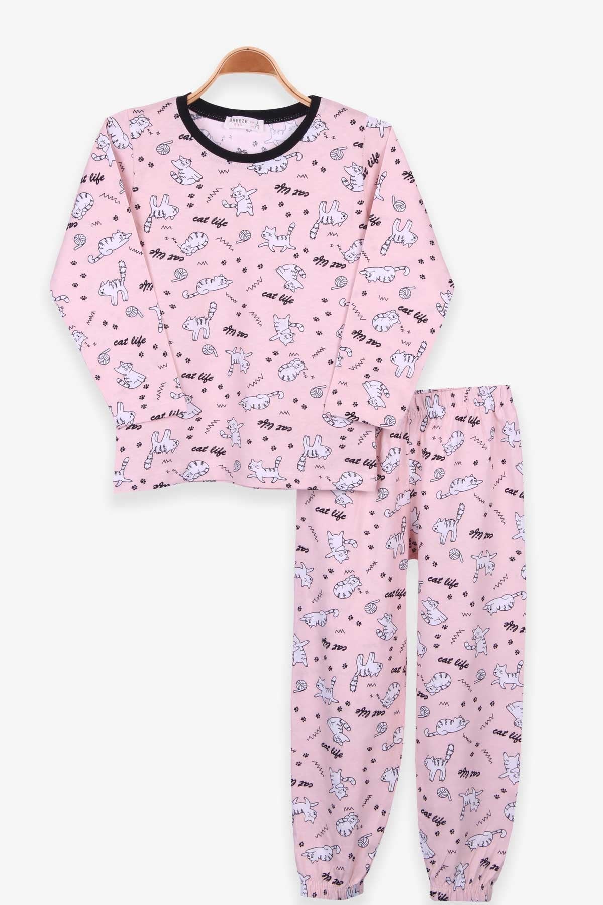 Breeze Kız Çocuk Pijama Takımı Kedili Somon (5-8 Yaş)