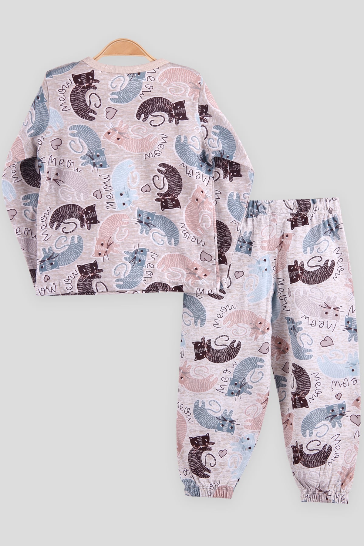 Breeze Kız Çocuk Pijama Takımı Kedili Bej (2-6 Yaş)