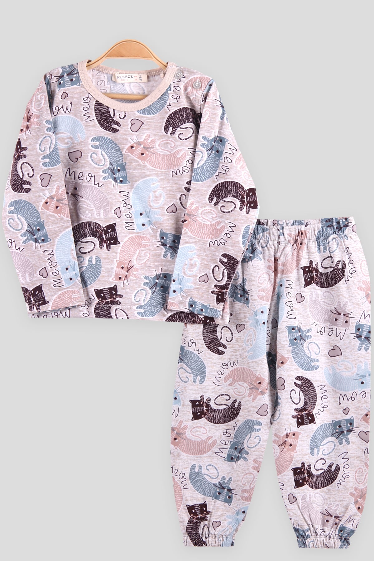 Breeze Kız Çocuk Pijama Takımı Kedili Bej (2-6 Yaş)