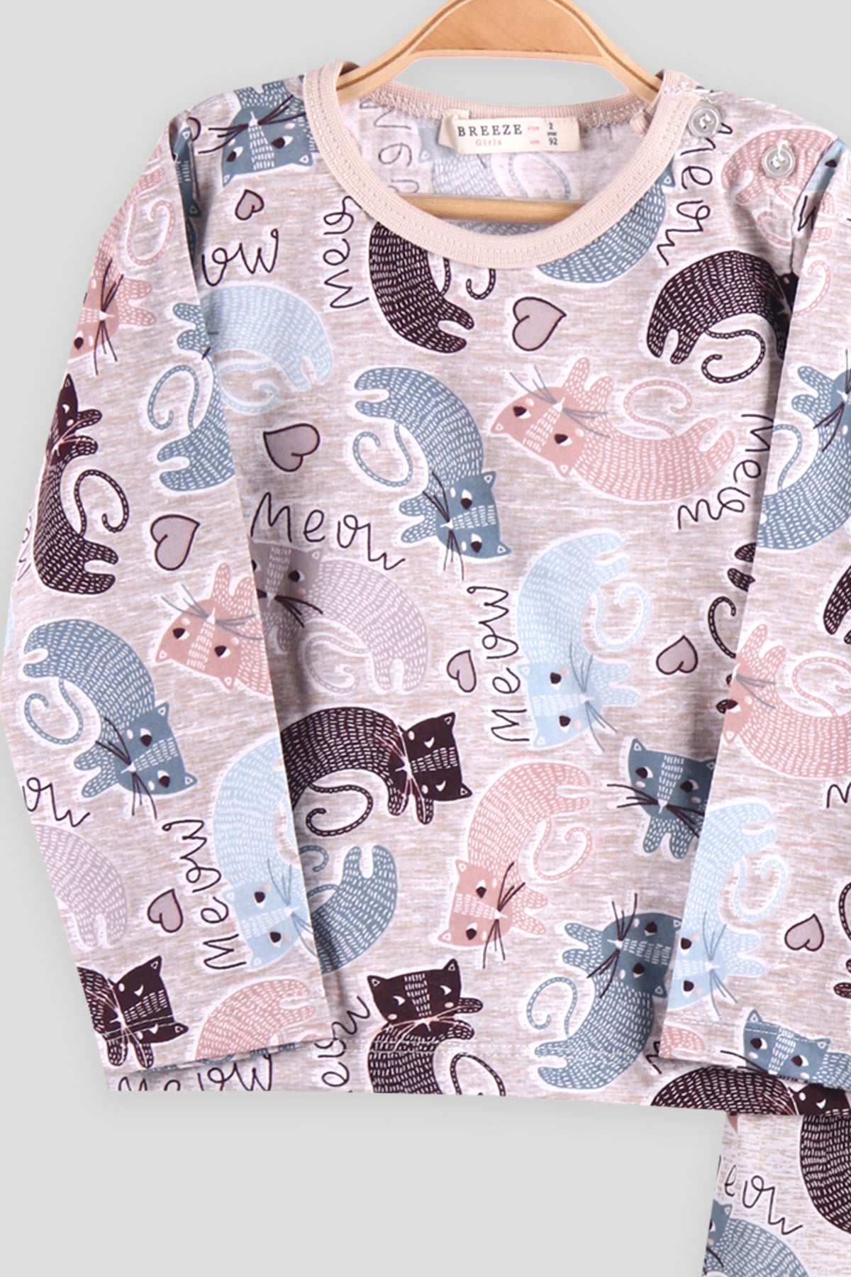 Breeze Kız Çocuk Pijama Takımı Kedili Bej (2-6 Yaş)