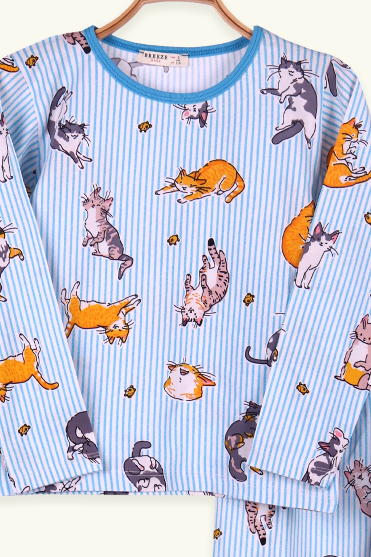 Breeze Kız Çocuk Pijama Takımı Kedili Çizgili Turkuaz (6-10 Yaş)
