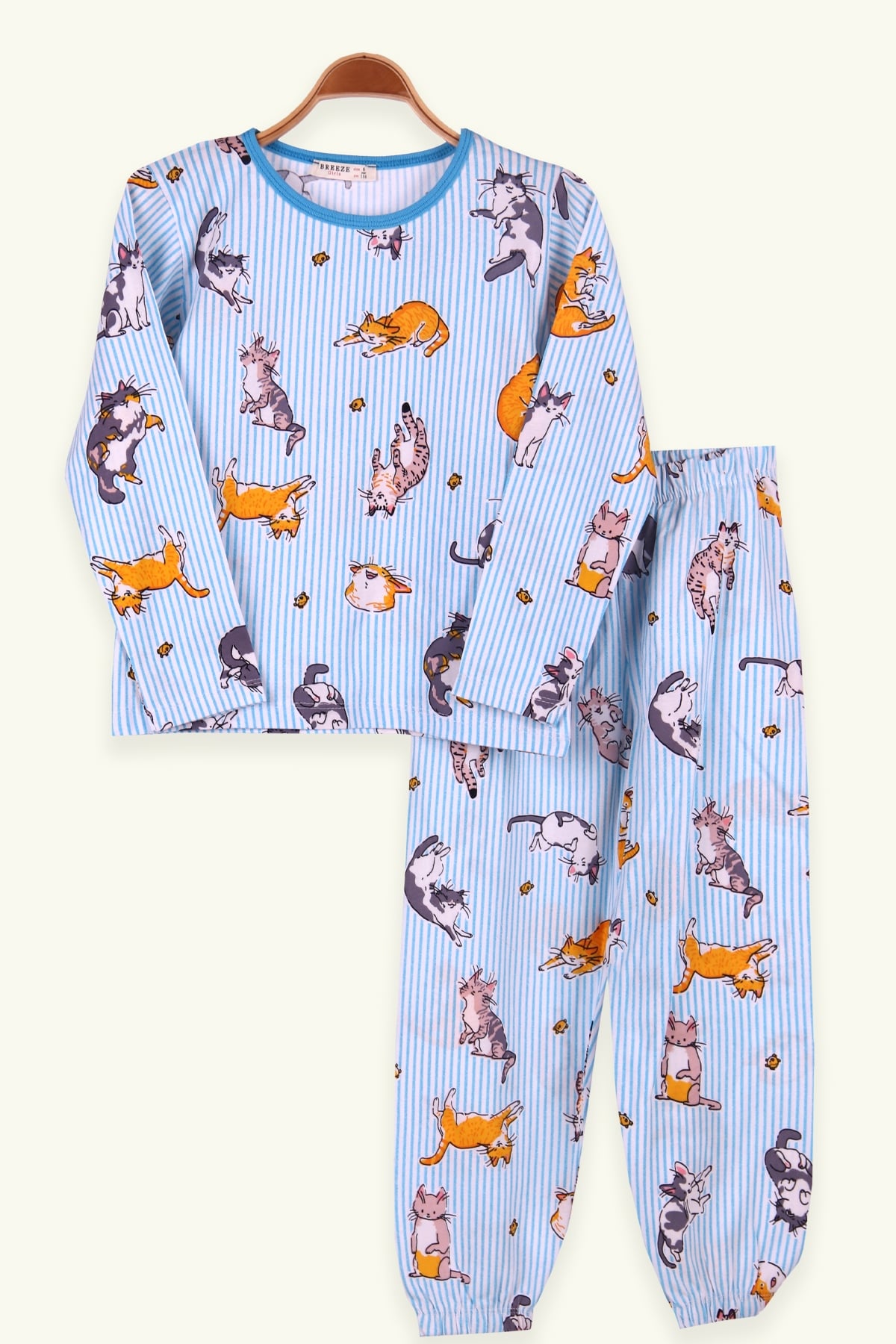 Breeze Kız Çocuk Pijama Takımı Kedili Çizgili Turkuaz (6-10 Yaş)