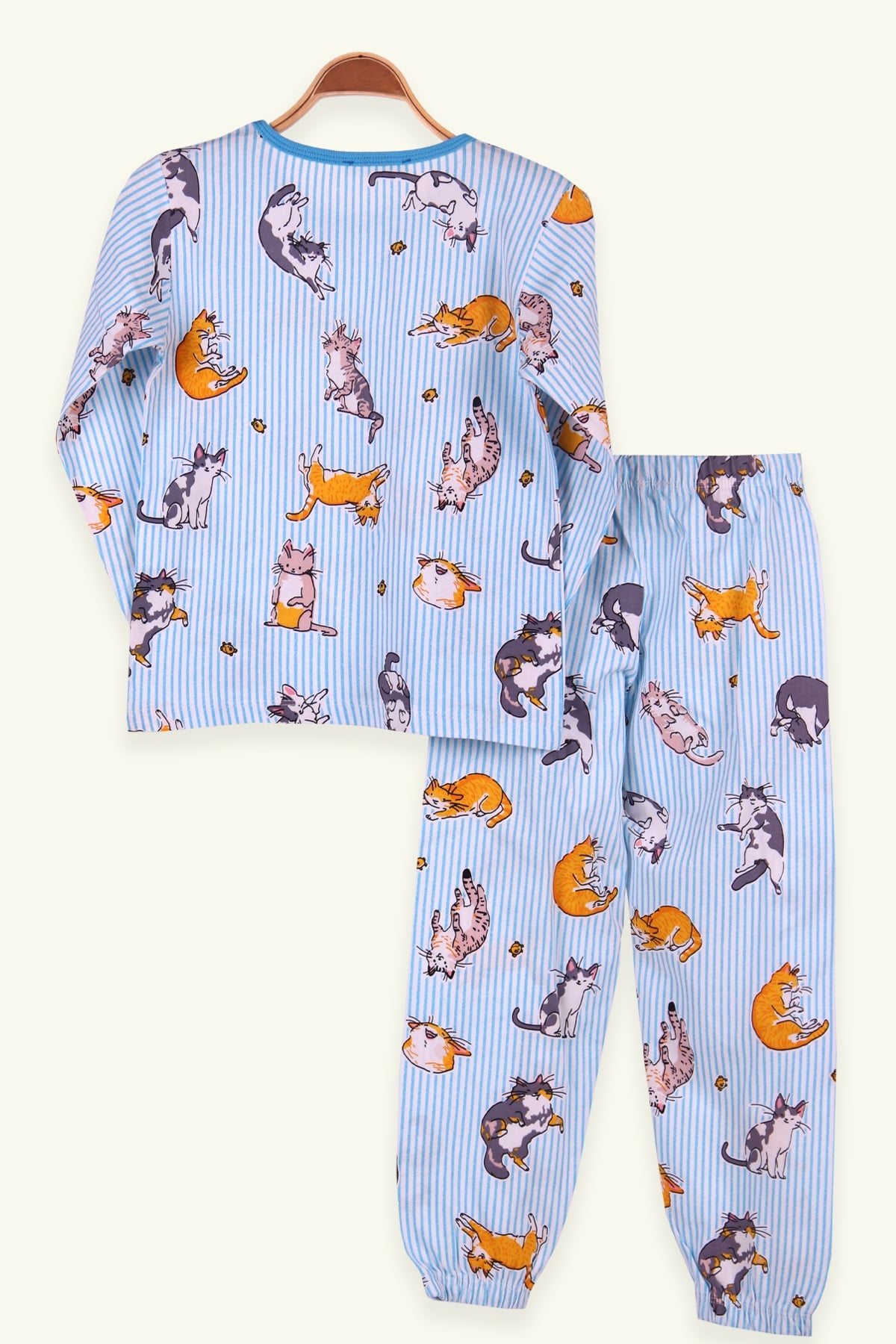 Breeze Kız Çocuk Pijama Takımı Kedili Çizgili Turkuaz (6-10 Yaş)