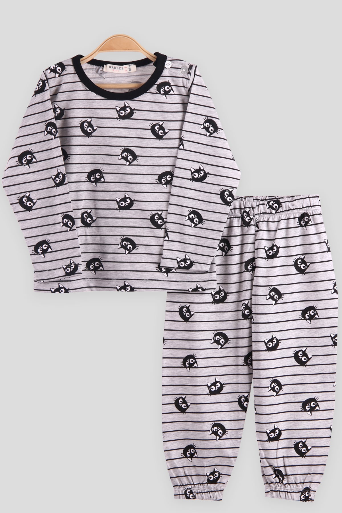 Breeze Kız Çocuk Pijama Takımı Kedili Gri (2-6 Yaş)