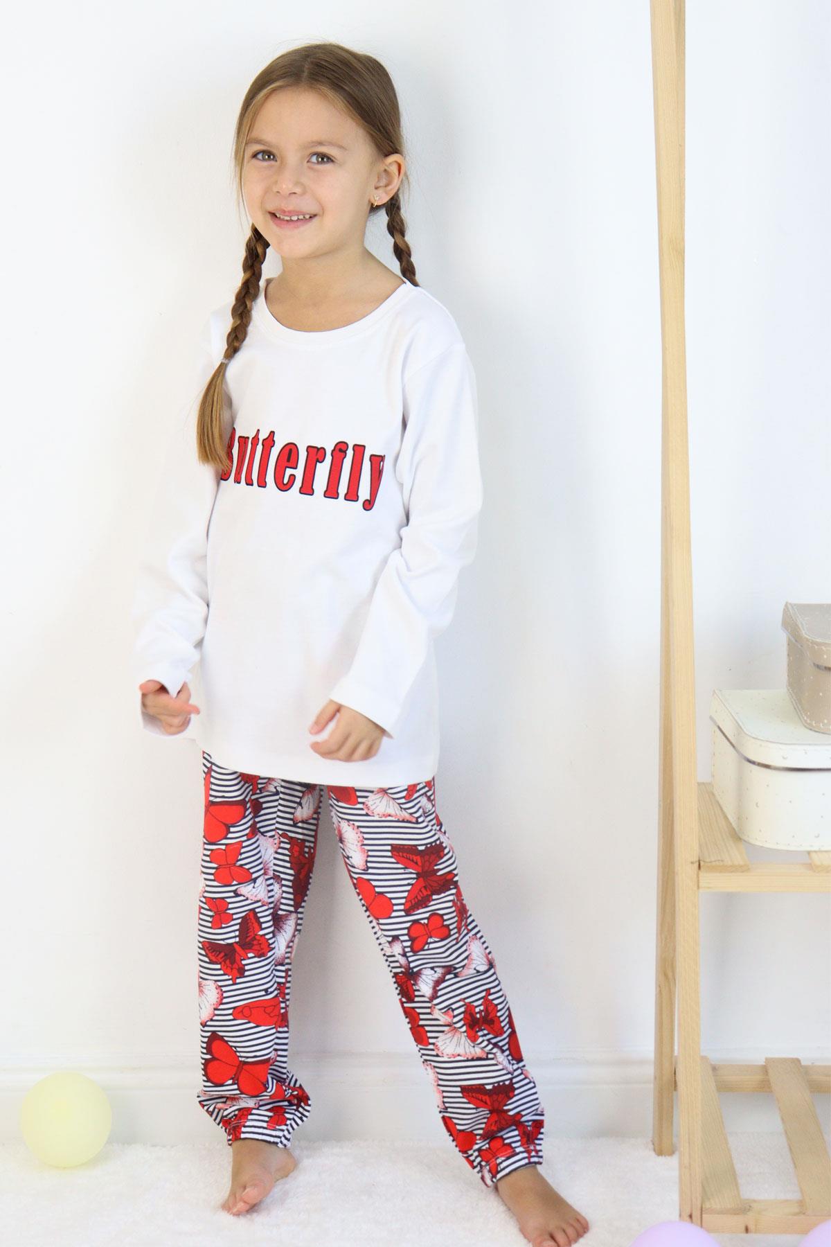 Breeze Kız Çocuk Pijama Takımı Kelebek Desenli Yazı Baskılı Beyaz (5-7 Yaş)