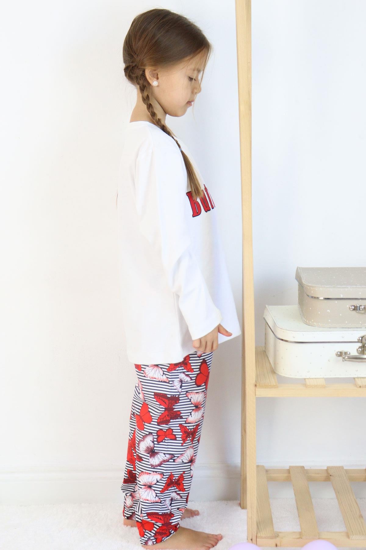 Breeze Kız Çocuk Pijama Takımı Kelebek Desenli Yazı Baskılı Beyaz (5-7 Yaş)