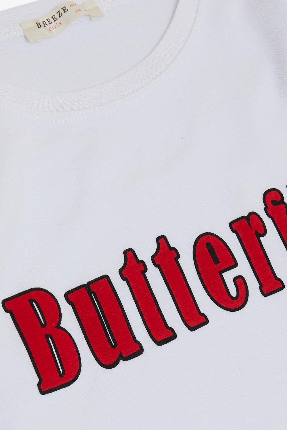 Breeze Kız Çocuk Pijama Takımı Kelebek Desenli Yazı Baskılı Beyaz (5-7 Yaş)
