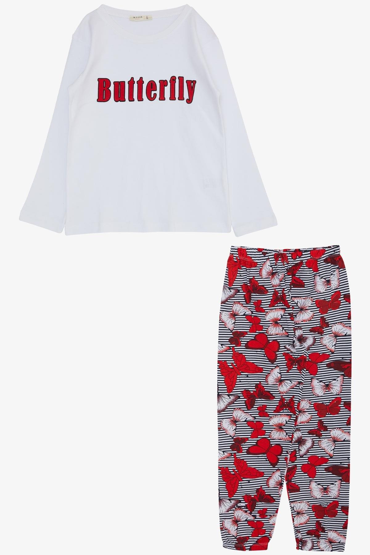 Breeze Kız Çocuk Pijama Takımı Kelebek Desenli Yazı Baskılı Beyaz (5-7 Yaş)