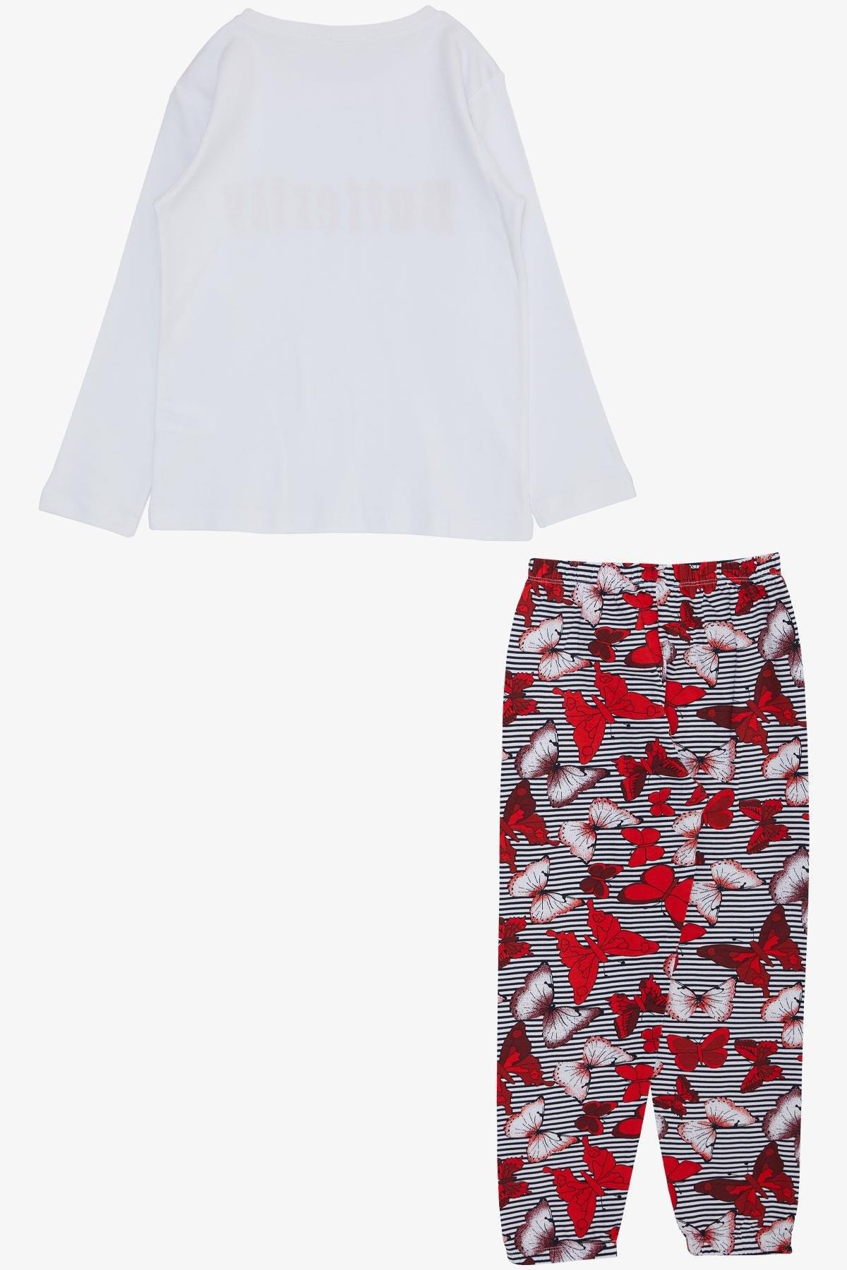 Breeze Kız Çocuk Pijama Takımı Kelebek Desenli Yazı Baskılı Beyaz (5-7 Yaş)