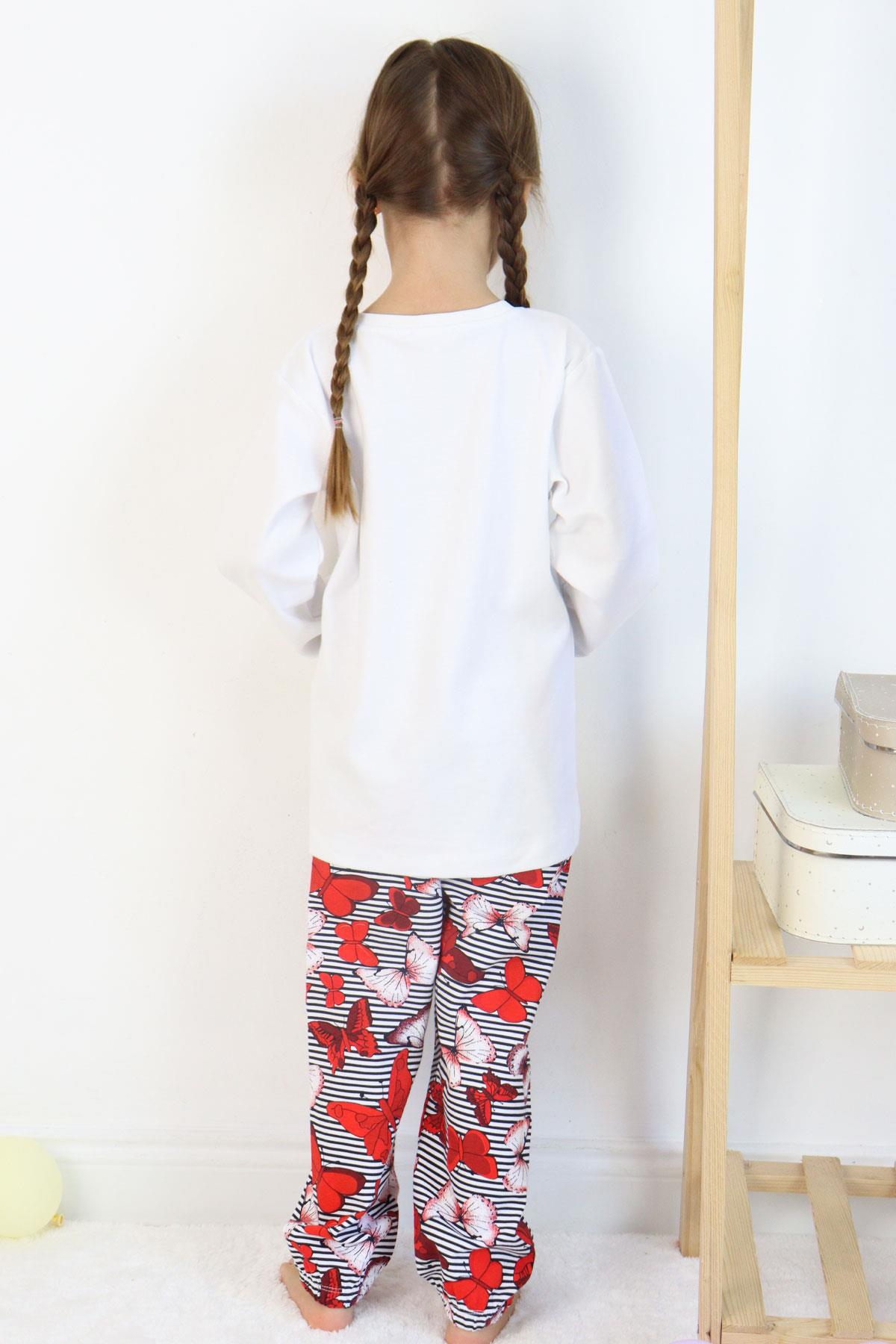Breeze Kız Çocuk Pijama Takımı Kelebek Desenli Yazı Baskılı Beyaz (5-7 Yaş)