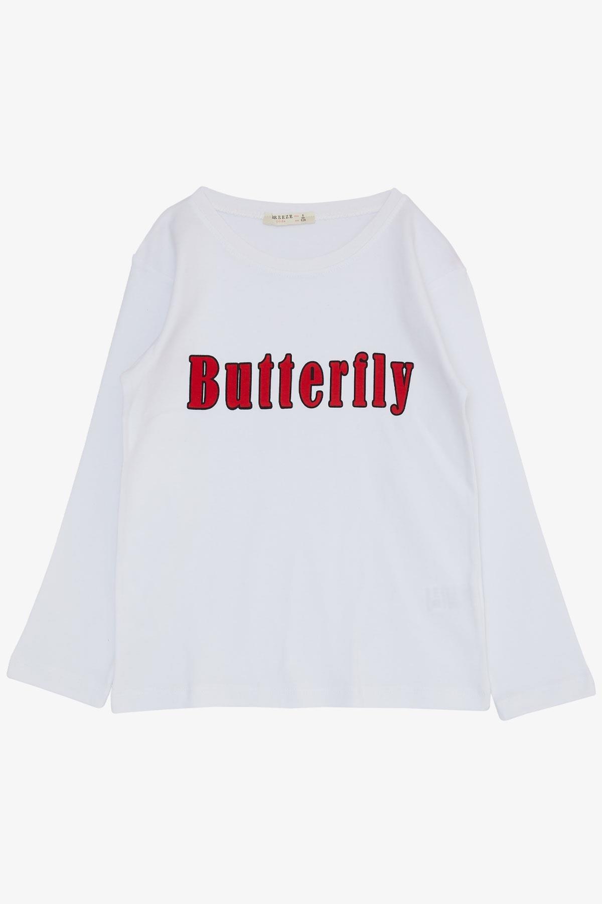 Breeze Kız Çocuk Pijama Takımı Kelebek Desenli Yazı Baskılı Beyaz (5-7 Yaş)