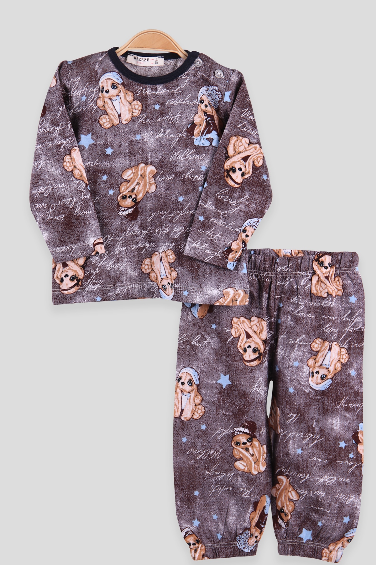 Breeze Kız Çocuk Pijama Takımı Köpek Desenli Füme (1-4 Yaş)
