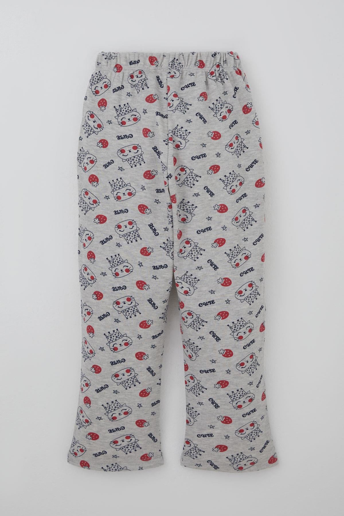 Breeze Kız Çocuk Pijama Takımı Kraliçe Kedicik & Çilek Desenli Açık Gri Melanj (7-11 Yaş)