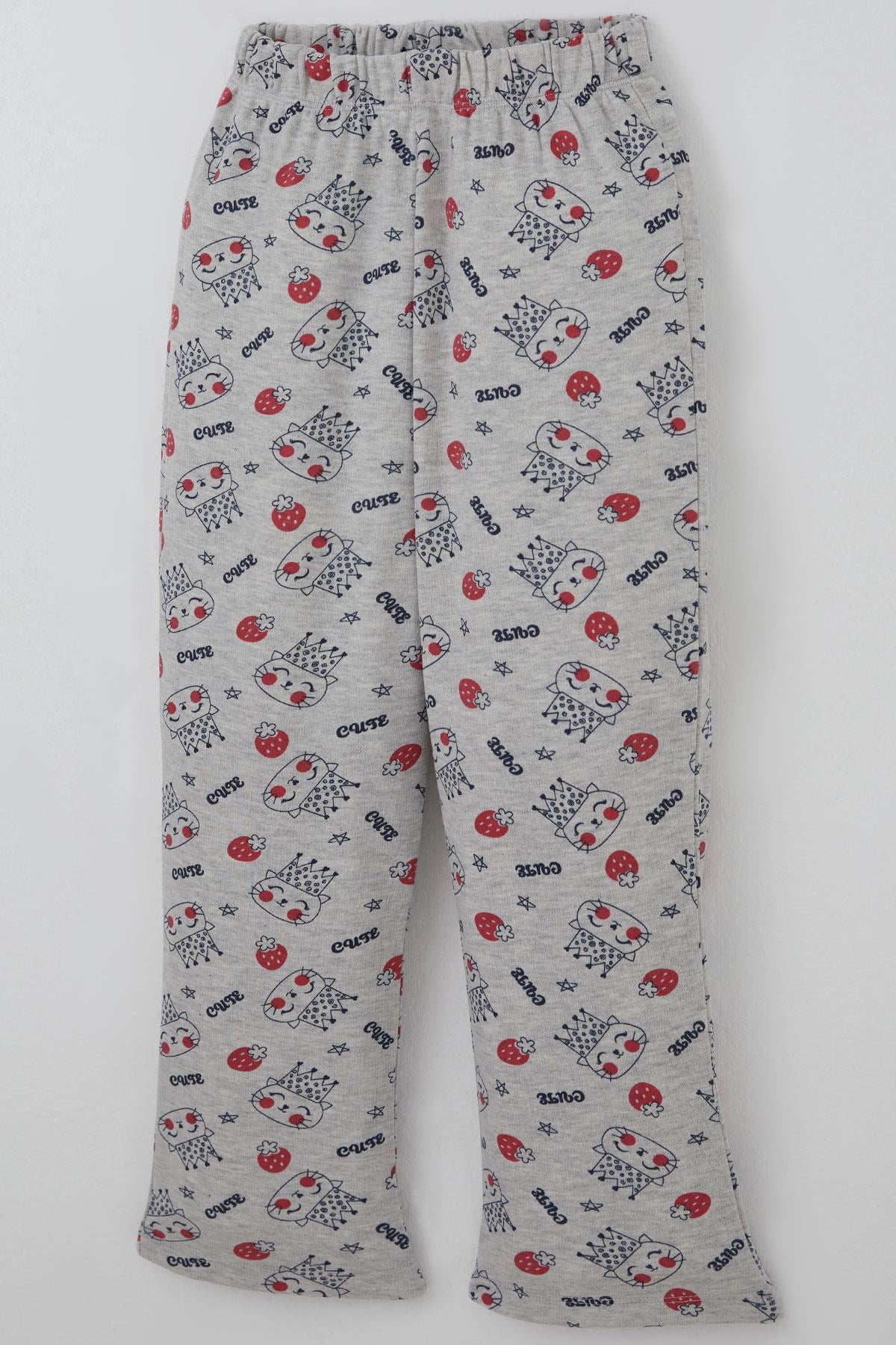 Breeze Kız Çocuk Pijama Takımı Kraliçe Kedicik & Çilek Desenli Açık Gri Melanj (7-11 Yaş)