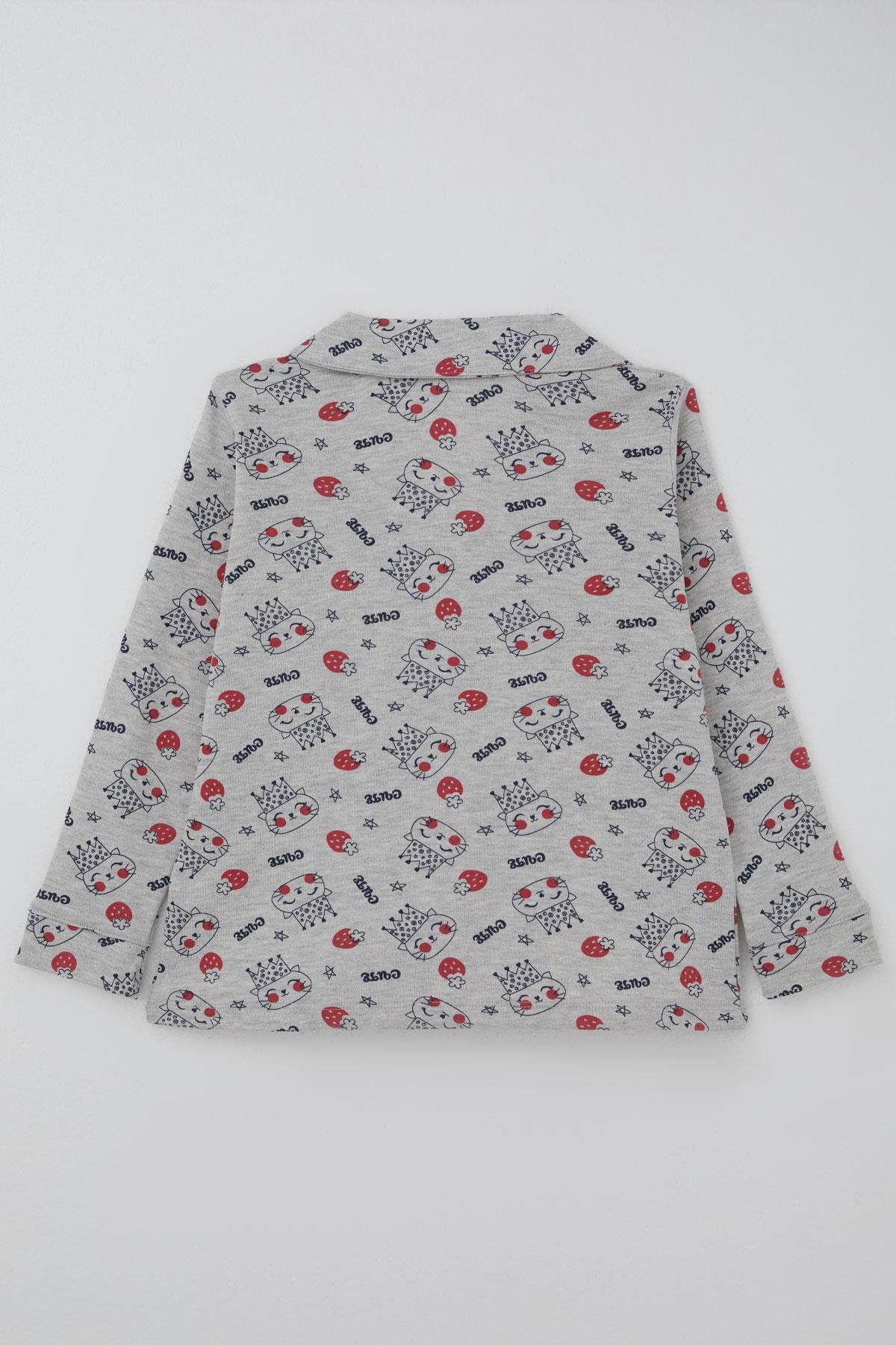 Breeze Kız Çocuk Pijama Takımı Kraliçe Kedicik & Çilek Desenli Açık Gri Melanj (7-11 Yaş)