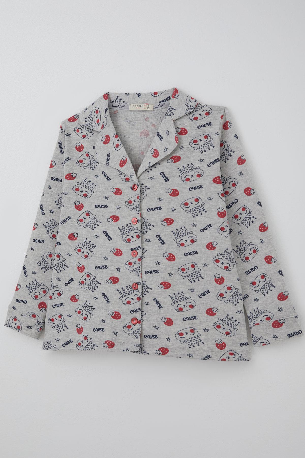 Breeze Kız Çocuk Pijama Takımı Kraliçe Kedicik & Çilek Desenli Açık Gri Melanj (7-11 Yaş)