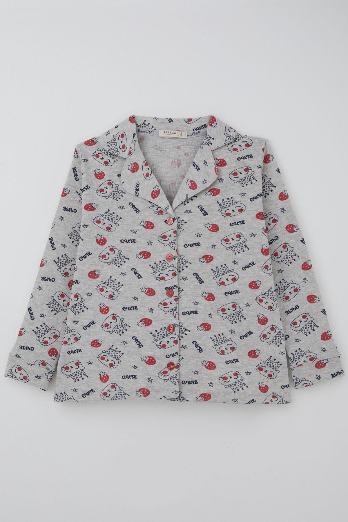 Breeze Kız Çocuk Pijama Takımı Kraliçe Kedicik & Çilek Desenli Açık Gri Melanj (7-11 Yaş)