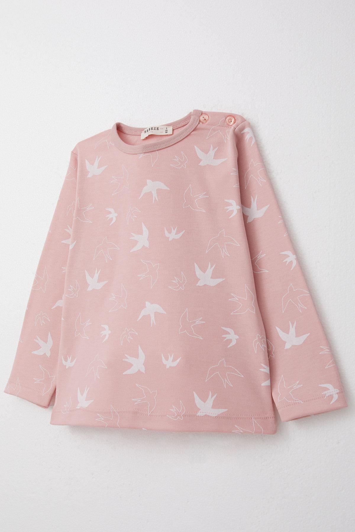Breeze Kız Çocuk Pijama Takımı Kuş Desenli Pudra (1-3 Yaş)