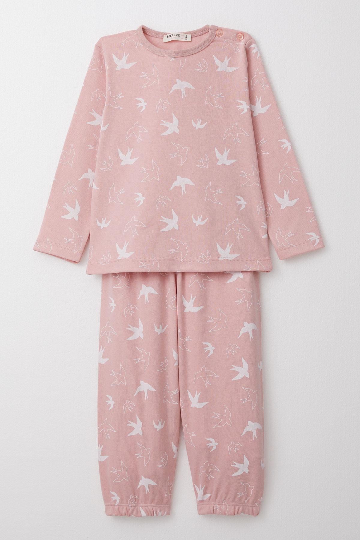 Breeze Kız Çocuk Pijama Takımı Kuş Desenli Pudra (1-3 Yaş)