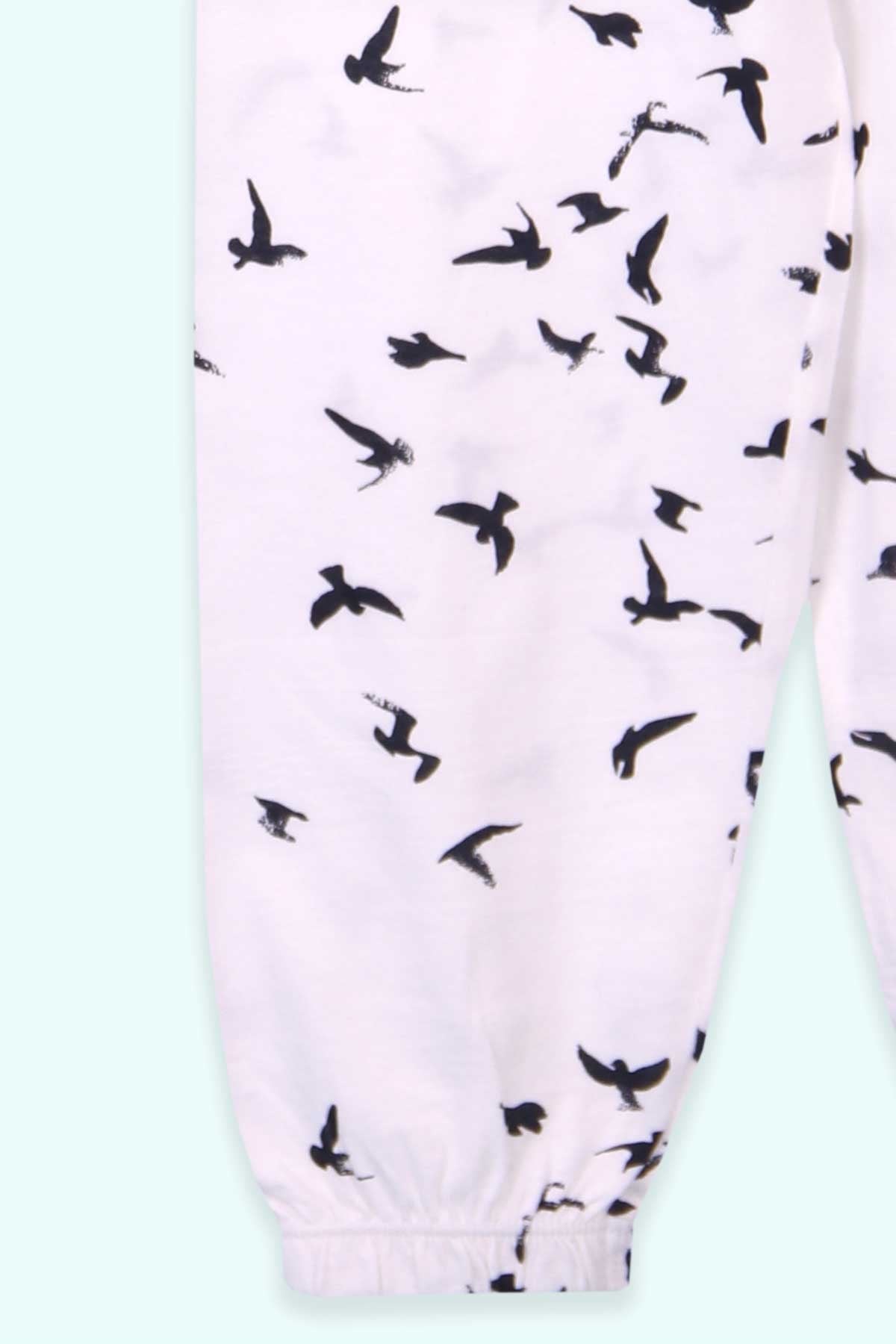 Breeze Kız Çocuk Pijama Takımı Kuş Desenli Beyaz (4-8 Yaş)