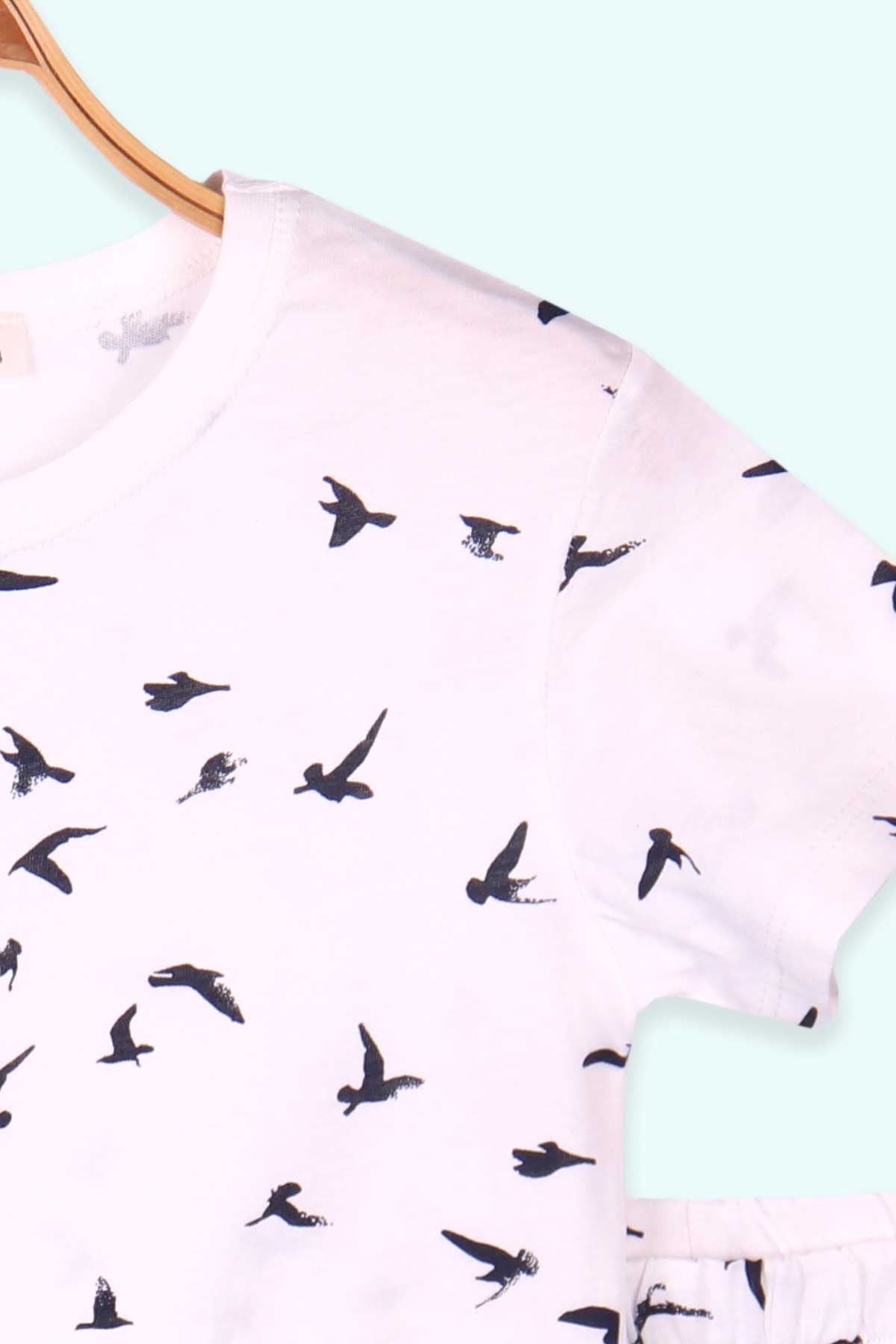 Breeze Kız Çocuk Pijama Takımı Kuş Desenli Beyaz (4-8 Yaş)