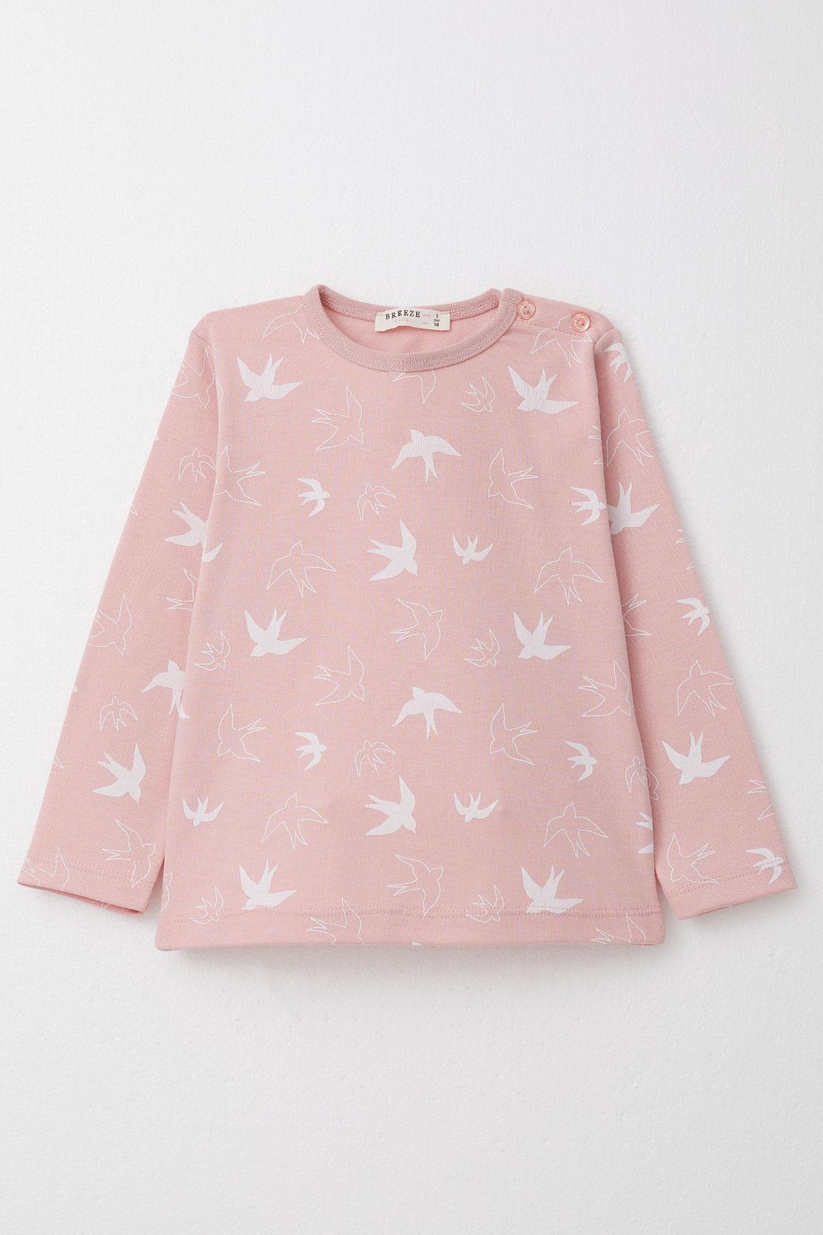 Breeze Kız Çocuk Pijama Takımı Kuş Desenli Pudra (1-3 Yaş)
