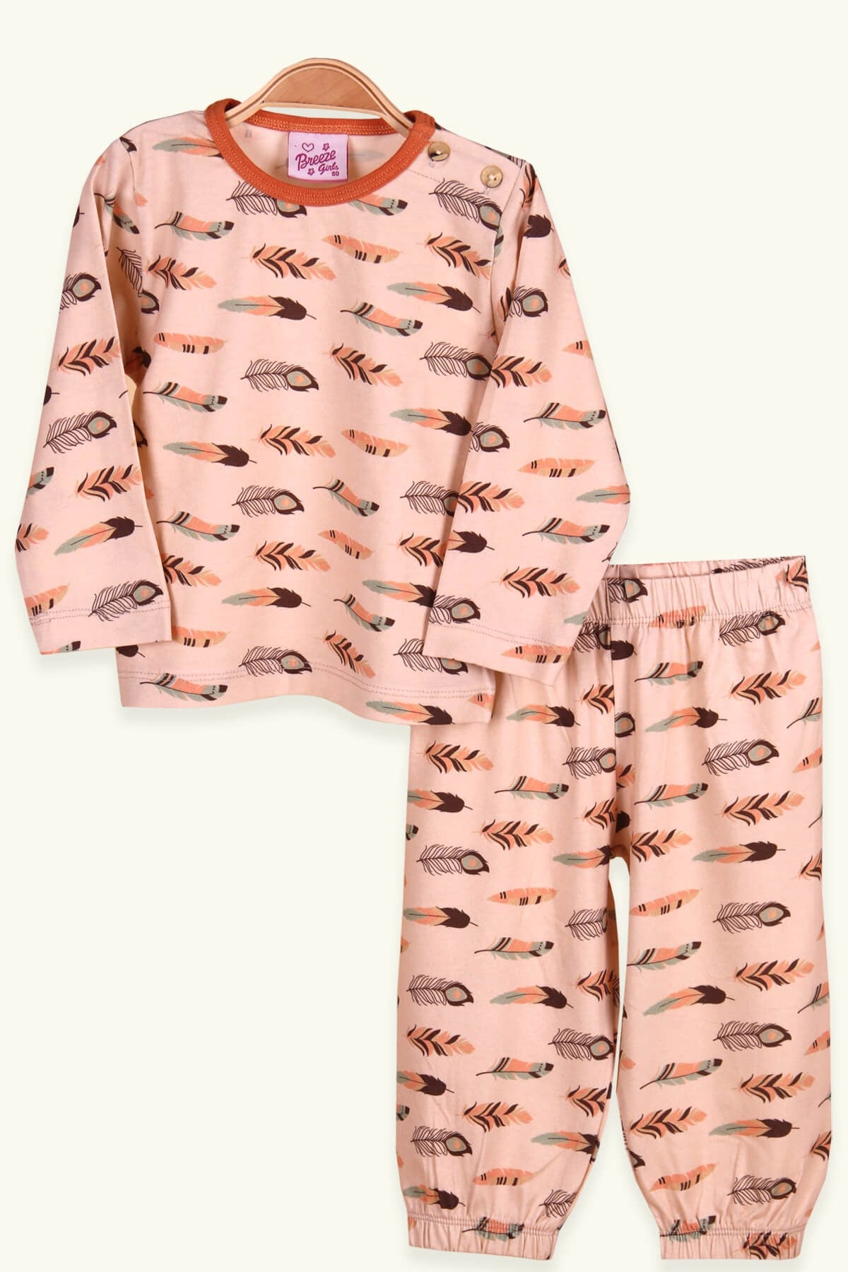 Breeze Kız Çocuk Pijama Takımı Kuş Tüyü Desenli Vizon (1-4 Yaş)