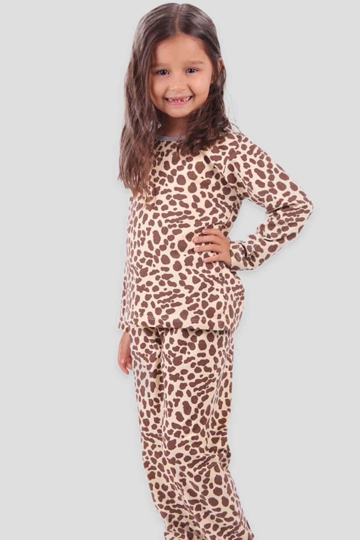 Breeze Kız Çocuk Pijama Takımı Leoparlı Kahverengi-Sarı (1-4 Yaş)