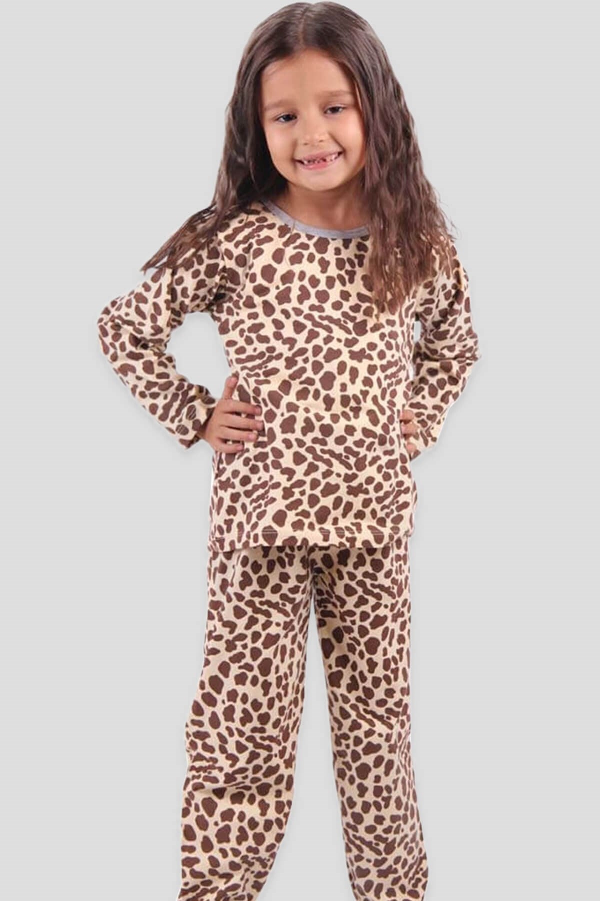Breeze Kız Çocuk Pijama Takımı Leoparlı Kahverengi-Sarı (1-4 Yaş)