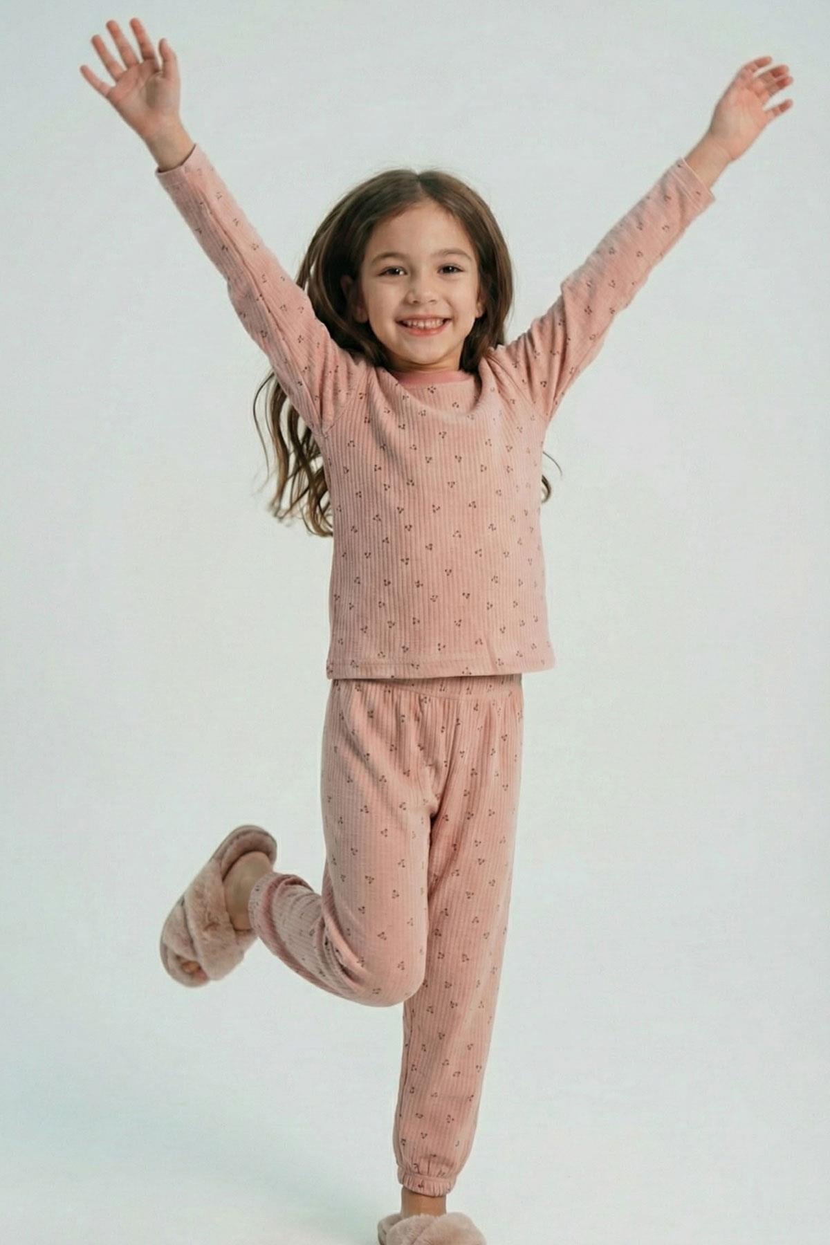 Breeze Kız Çocuk Pijama Takımı Minimal Mini Desenli Gülkurusu (4-8 Yaş)