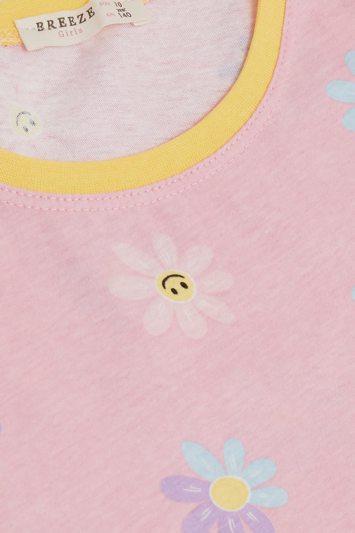 Breeze Kız Çocuk Pijama Takımı Mutlu Papatyalar Desenli Pembe (10-14 Yaş)
