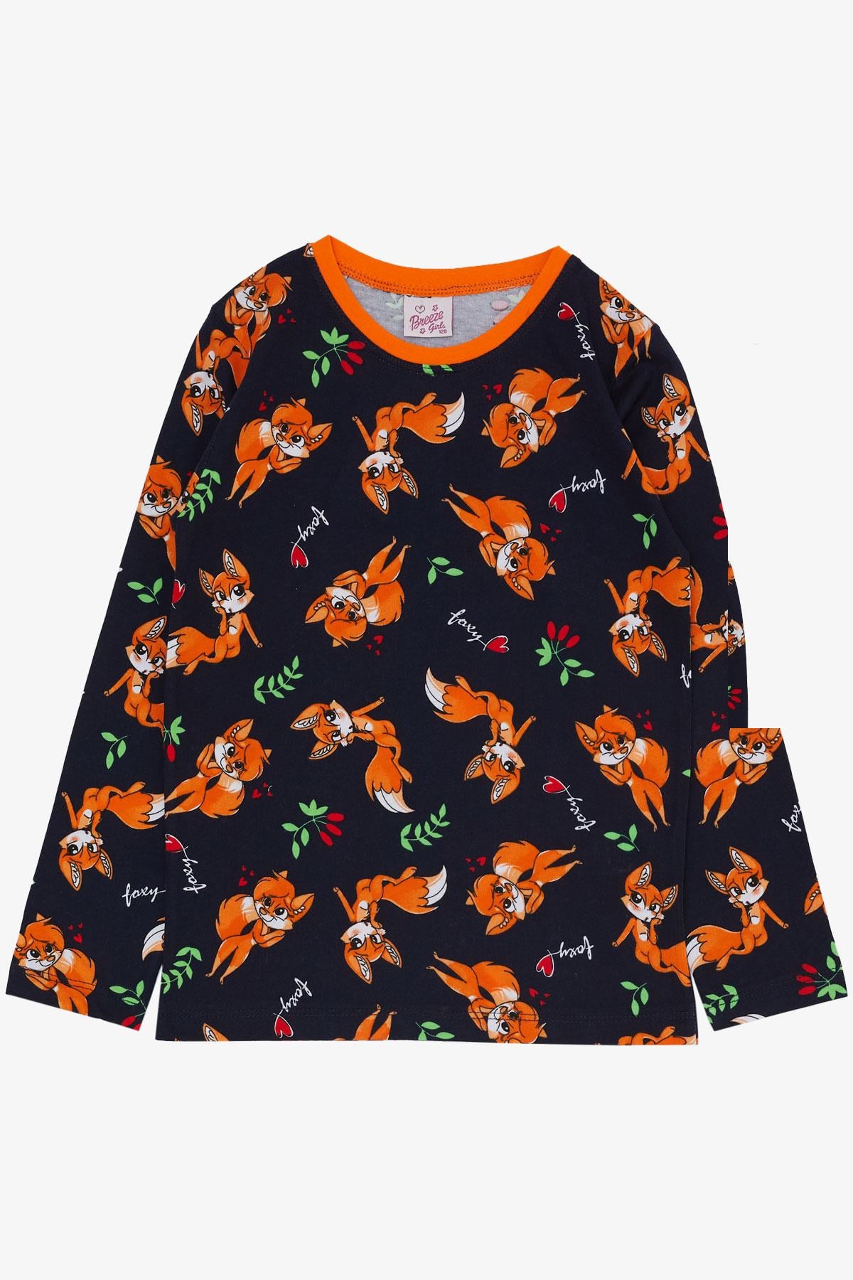 Breeze  Kız Çocuk Pijama Takımı Mutlu Tilkicik Desenli Lacivert (4-8 Yaş)