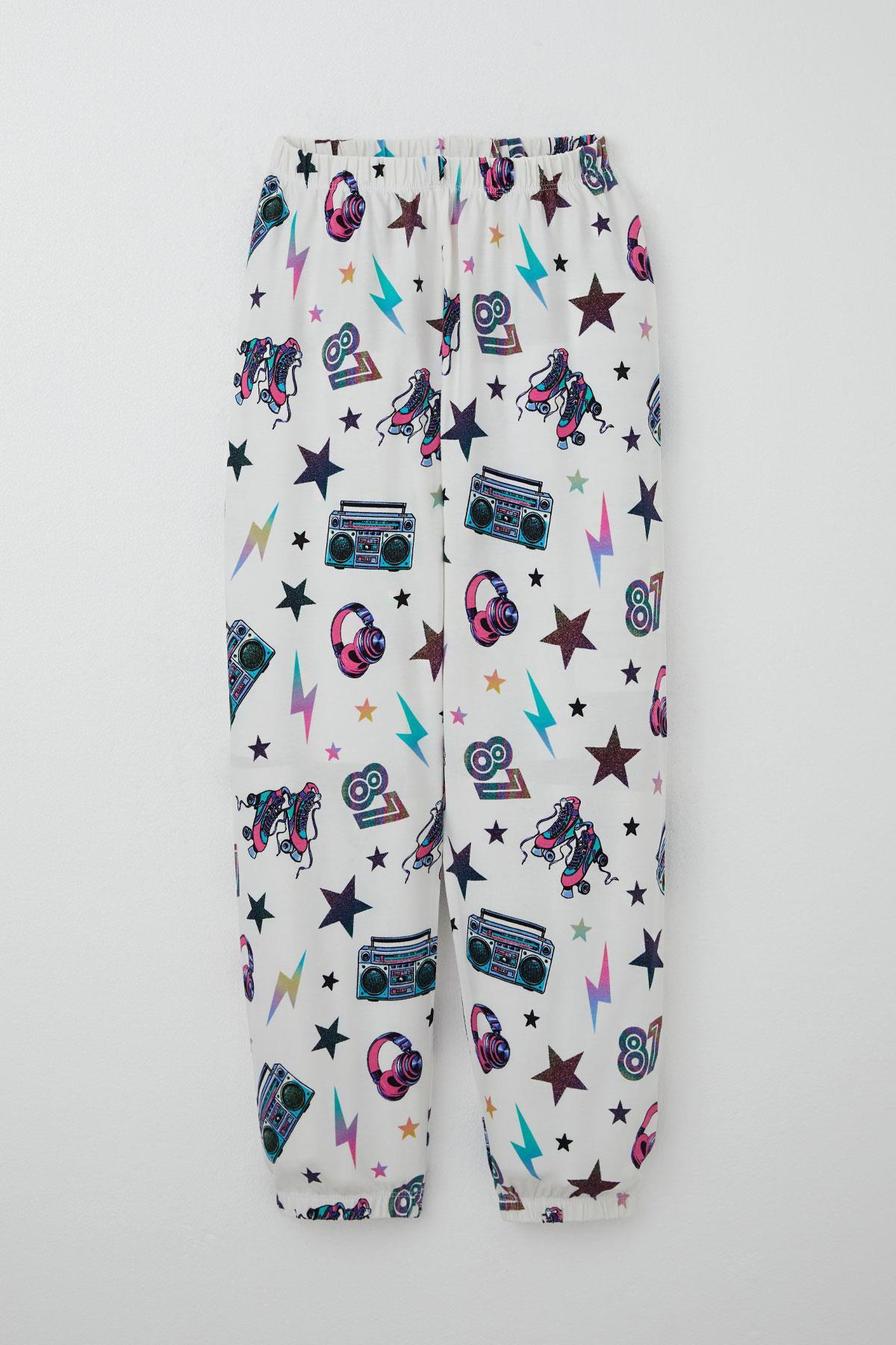Breeze Kız Çocuk Pijama Takımı Müzik Temalı Yıldız Desenli Ekru (4 Yaş)
