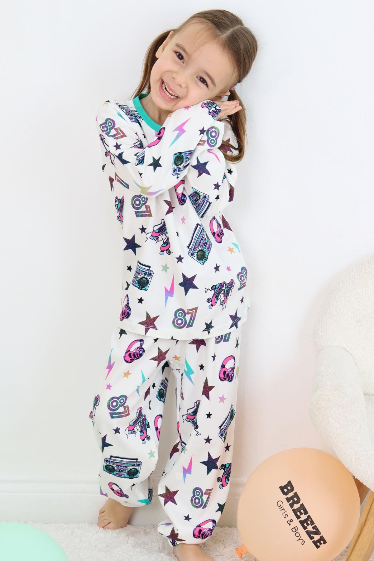 Breeze Kız Çocuk Pijama Takımı Müzik Temalı Yıldız Desenli Ekru (4 Yaş)