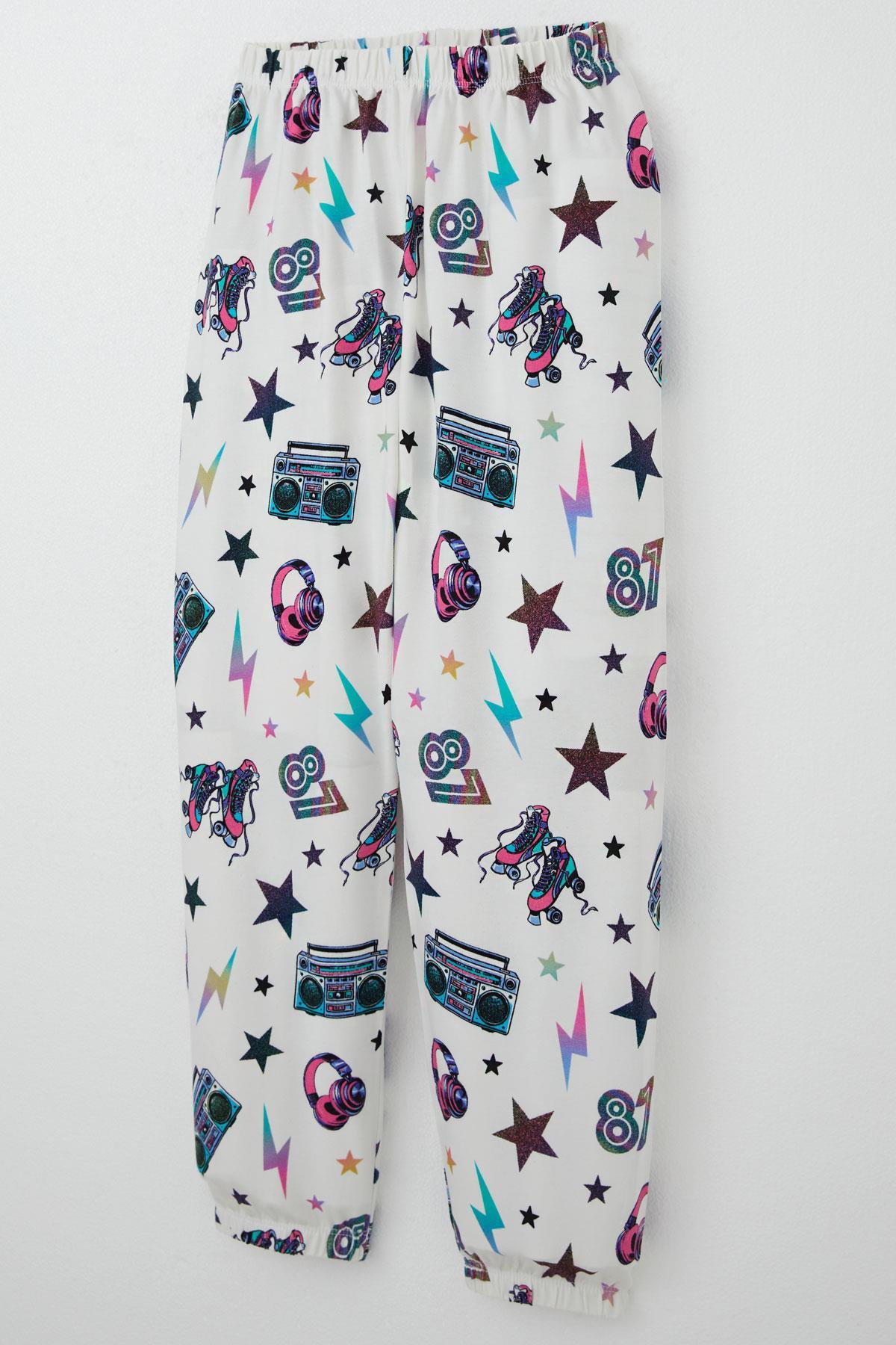 Breeze Kız Çocuk Pijama Takımı Müzik Temalı Yıldız Desenli Ekru (4 Yaş)