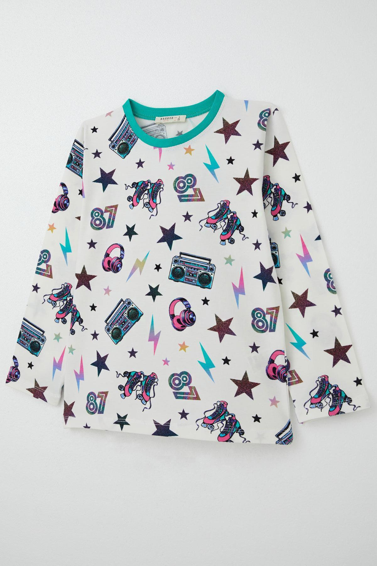 Breeze Kız Çocuk Pijama Takımı Müzik Temalı Yıldız Desenli Ekru (4 Yaş)