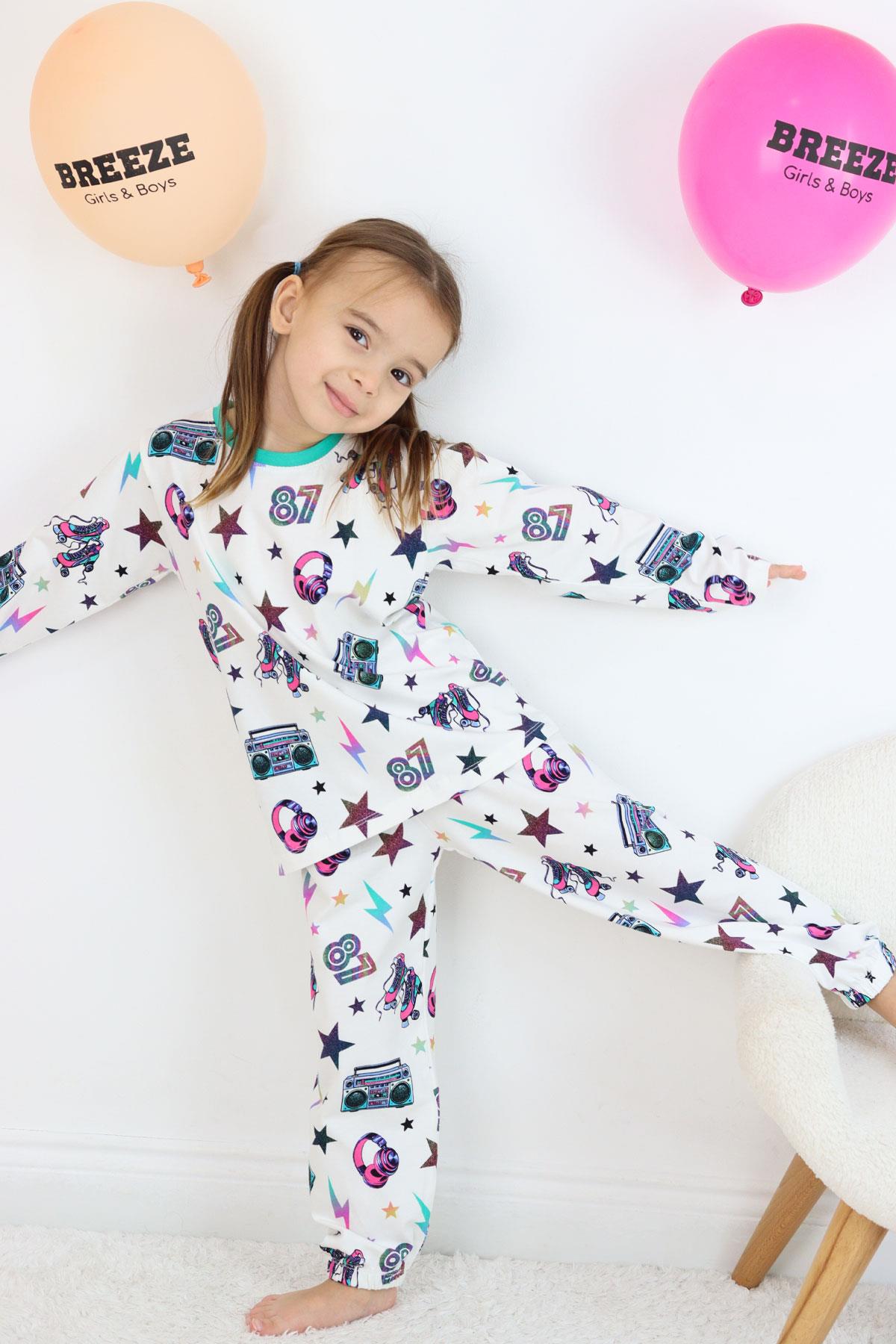 Breeze Kız Çocuk Pijama Takımı Müzik Temalı Yıldız Desenli Ekru (4 Yaş)