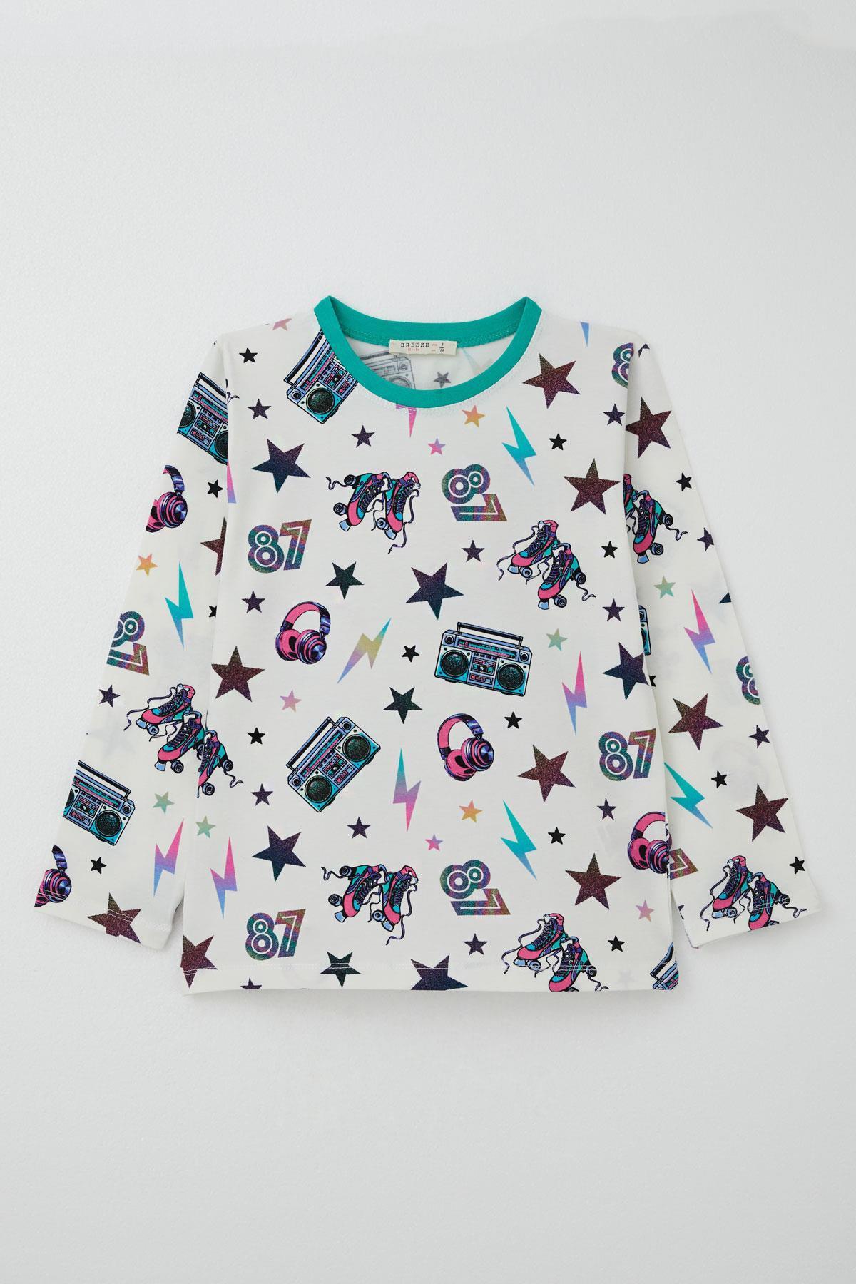 Breeze Kız Çocuk Pijama Takımı Müzik Temalı Yıldız Desenli Ekru (4 Yaş)