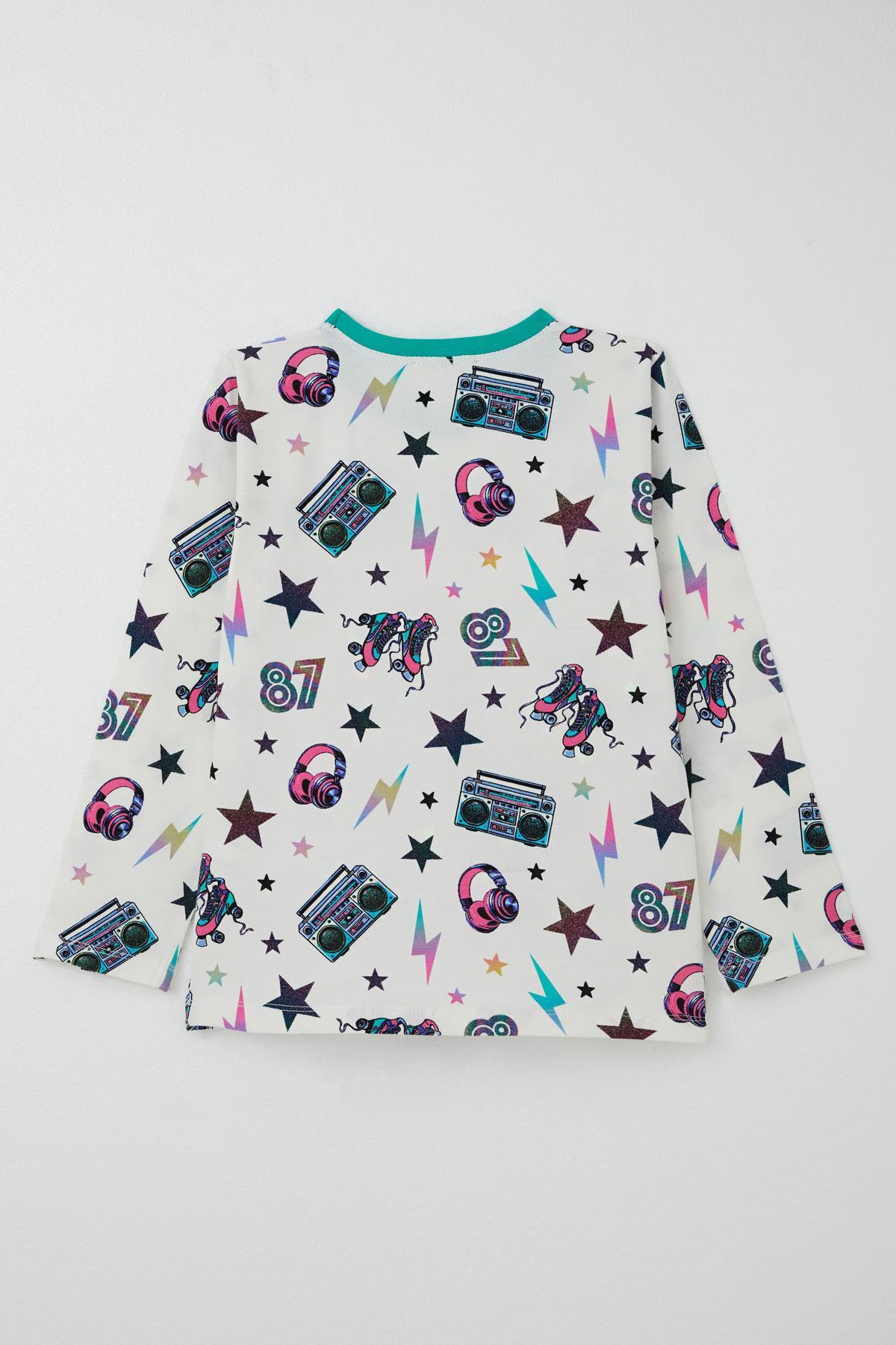 Breeze Kız Çocuk Pijama Takımı Müzik Temalı Yıldız Desenli Ekru (4 Yaş)