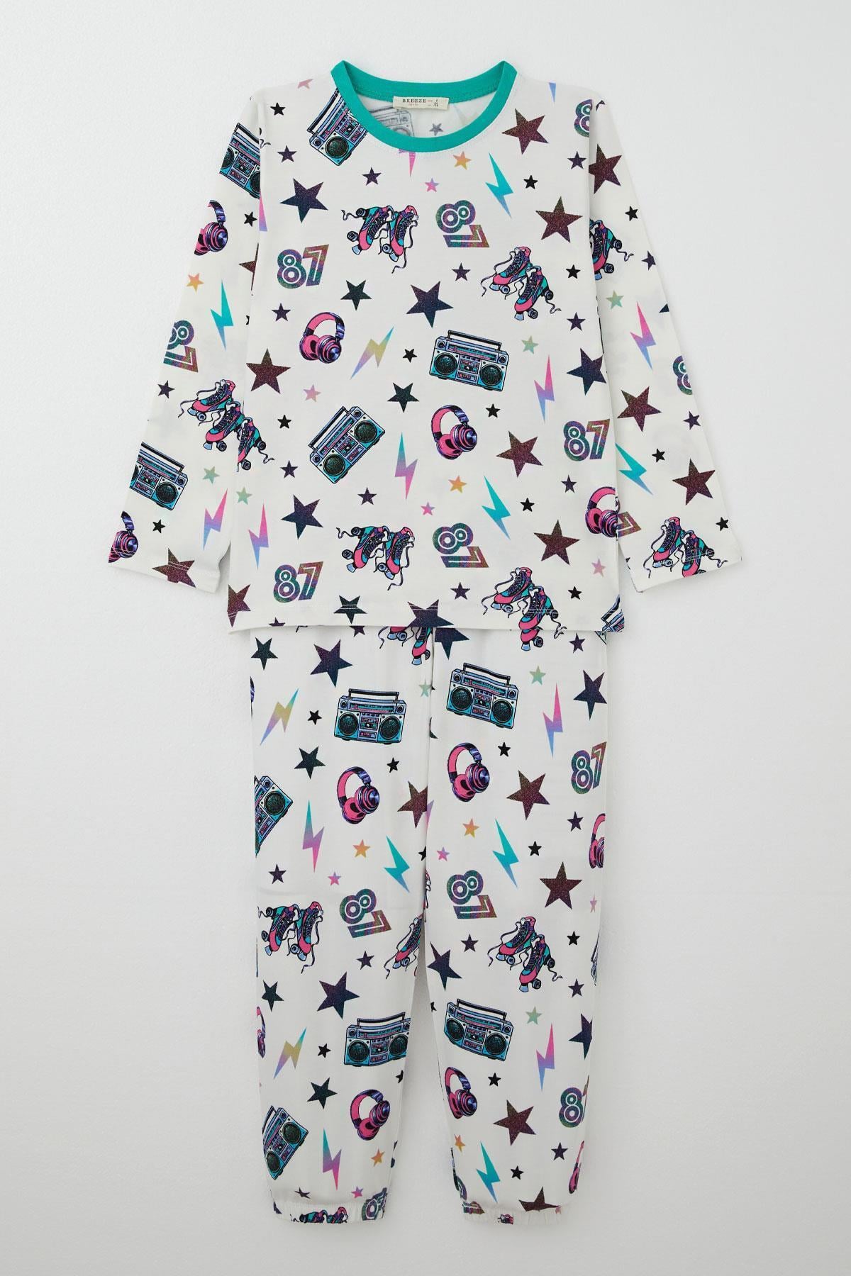 Breeze Kız Çocuk Pijama Takımı Müzik Temalı Yıldız Desenli Ekru (4 Yaş)