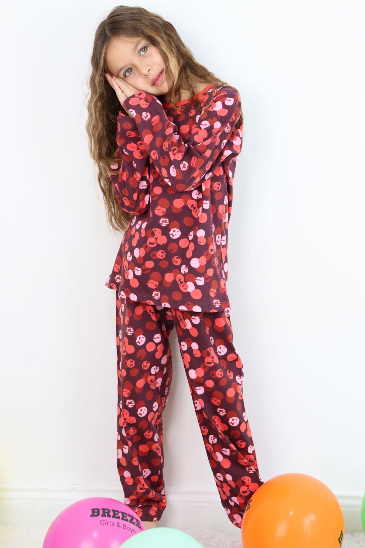 Breeze Kız Çocuk Pijama Takımı Neşeli Benekler Desenli Mürdüm (4-8 Yaş)