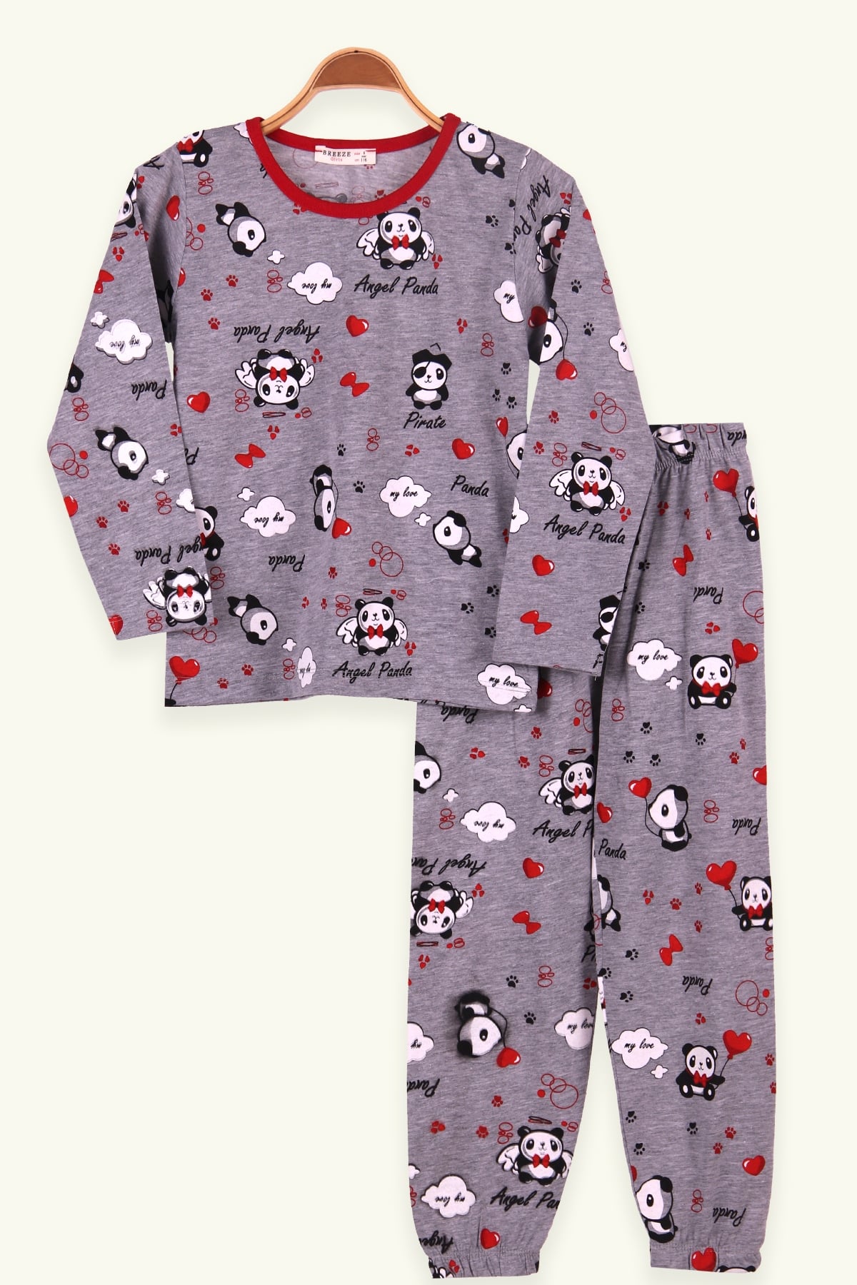 Breeze Kız Çocuk Pijama Takımı Panda Baskılı Gri (6-10 Yaş)