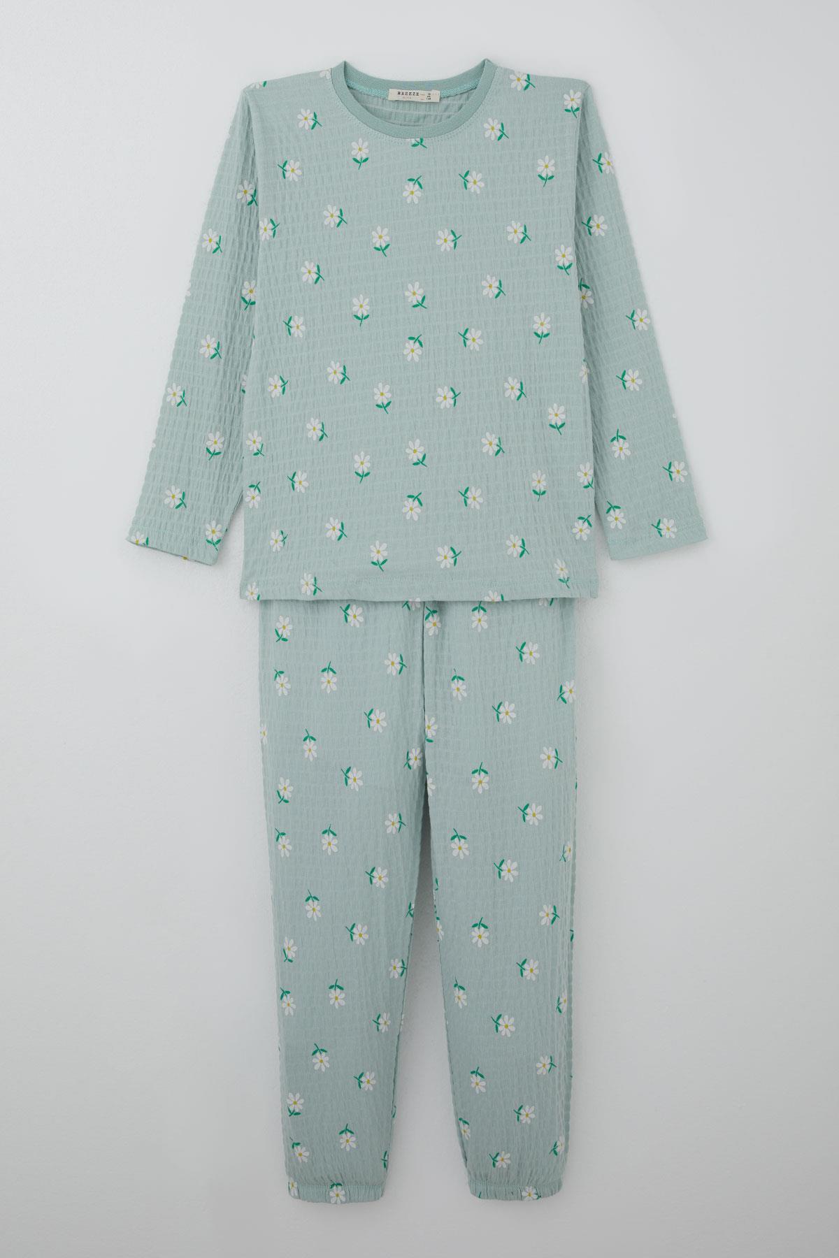 Breeze Kız Çocuk Pijama Takımı Papatya Desenli Su Yeşili (9-12 Yaş)