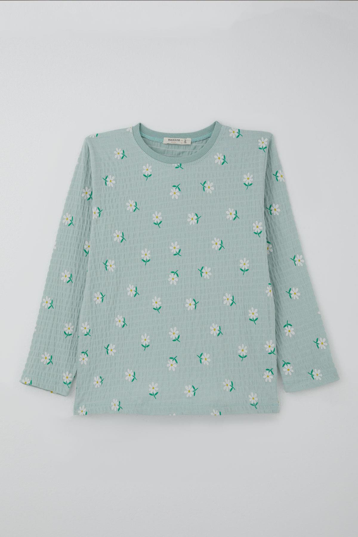 Breeze Kız Çocuk Pijama Takımı Papatya Desenli Su Yeşili (9-12 Yaş)